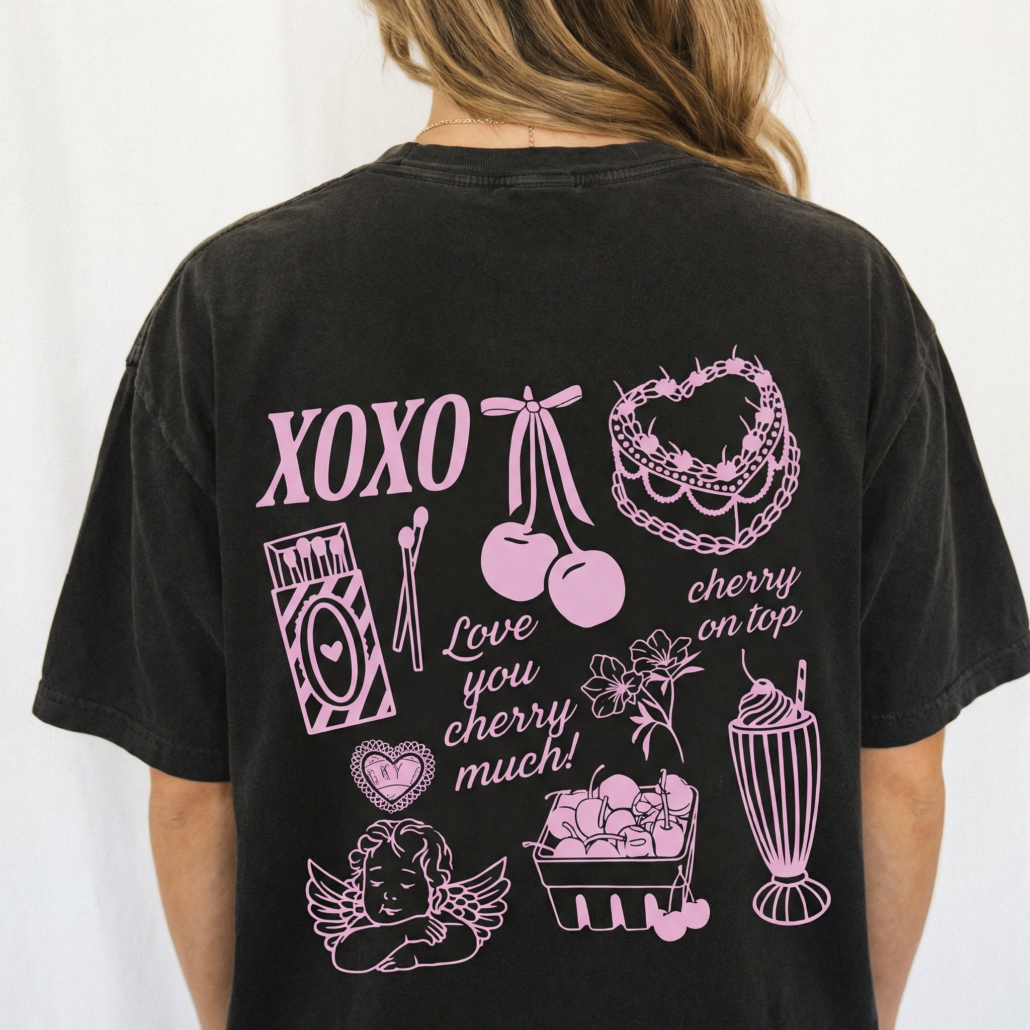 Vintage Coquette Valentine Sweatshirt – Cherry Cake XOXO Heart Graphic