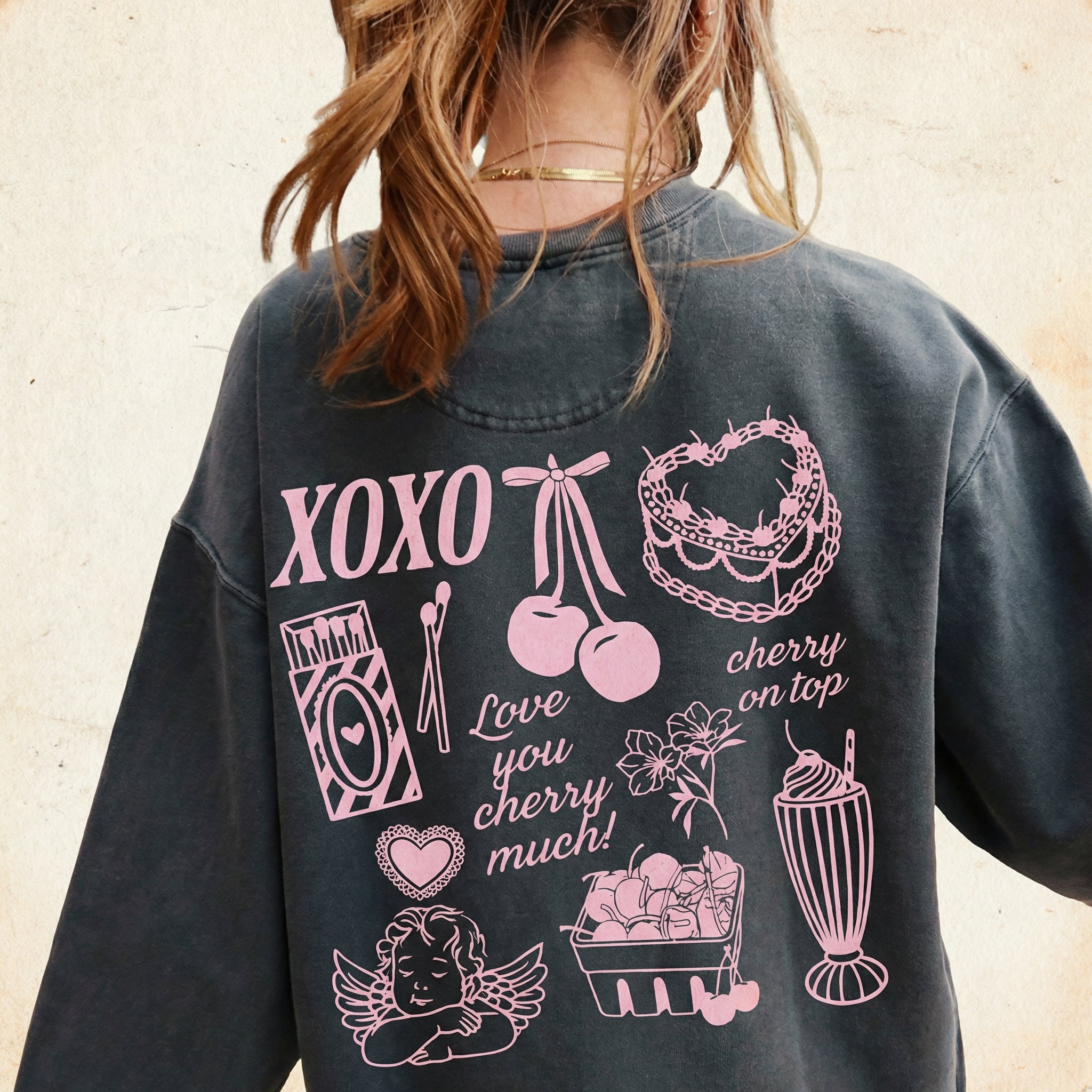 Vintage Coquette Valentine Sweatshirt – Cherry Cake XOXO Heart Graphic