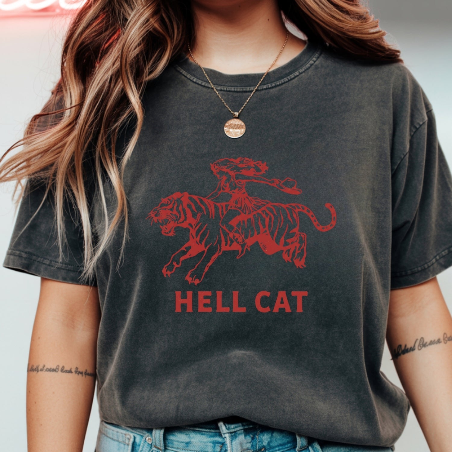 Vintage Cowgirl Hell Cat T-Shirt - Retro Western Tiger Graphic Tee