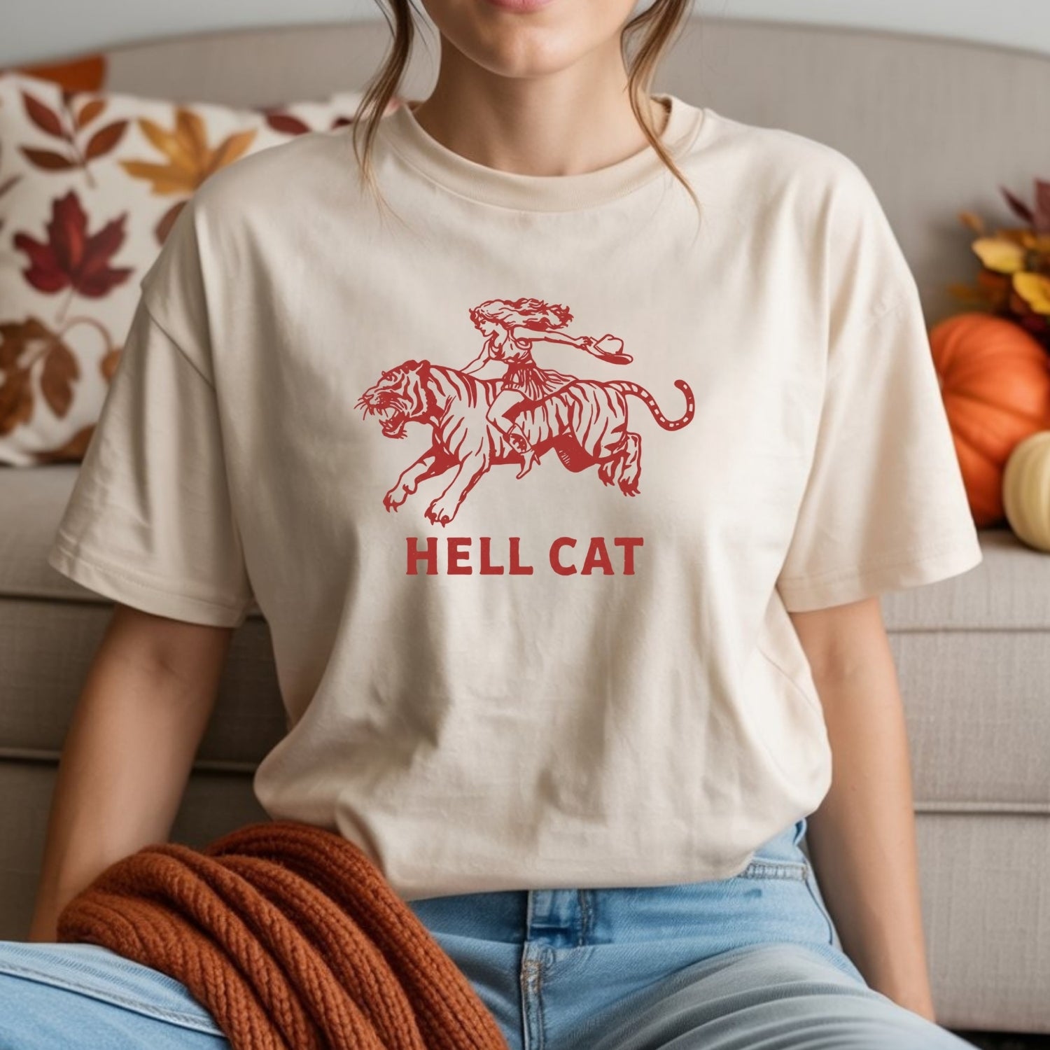 Vintage Cowgirl Hell Cat T-Shirt - Retro Western Tiger Graphic Tee