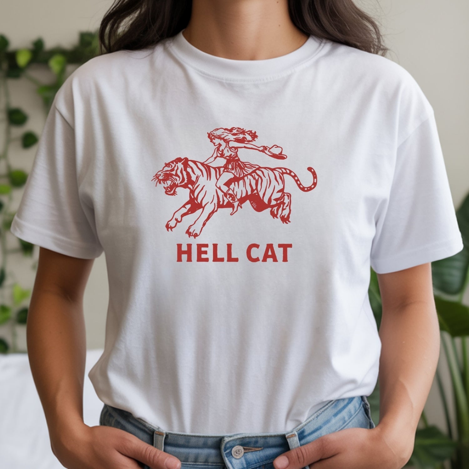 Vintage Cowgirl Hell Cat T-Shirt - Retro Western Tiger Graphic Tee