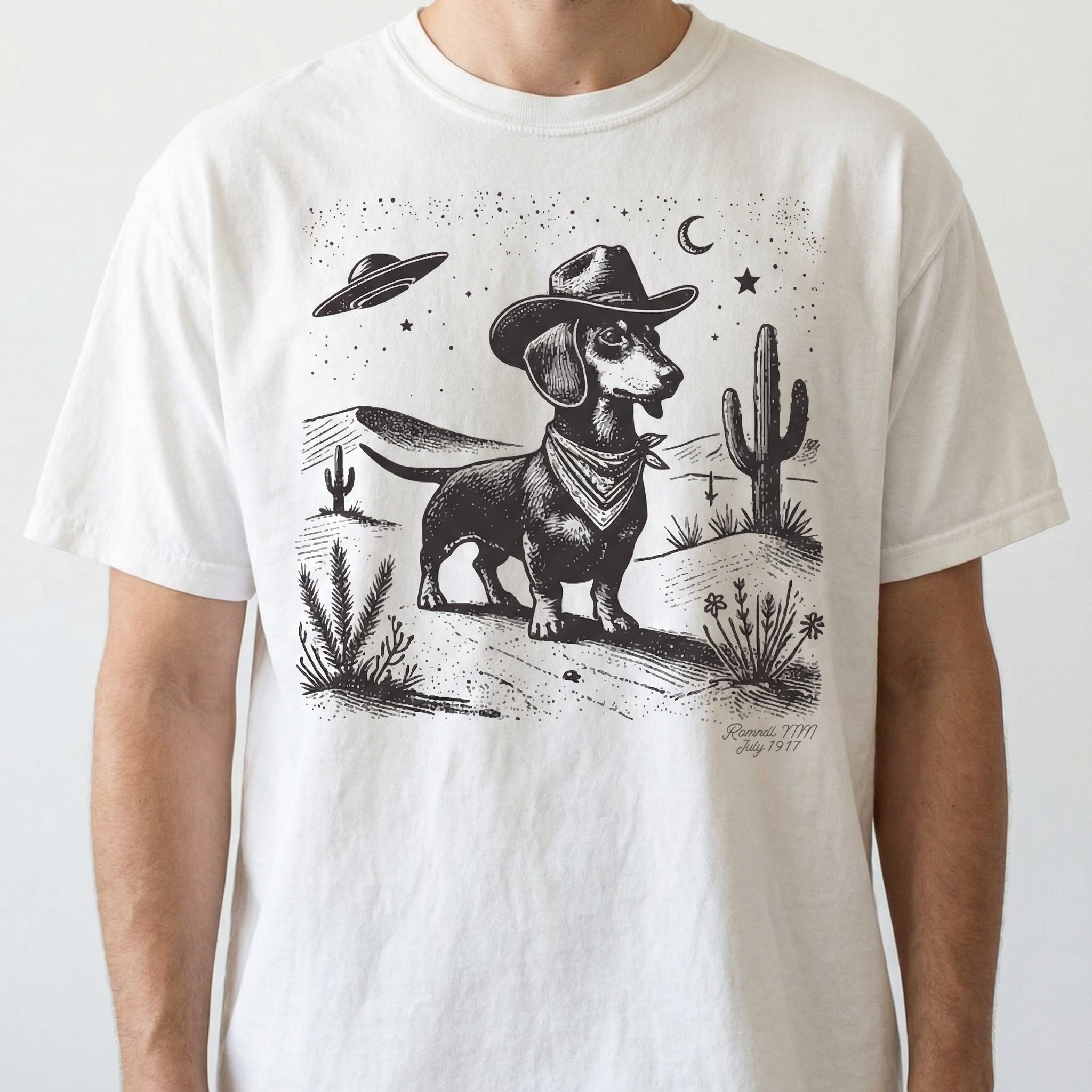 Vintage Dachshund UFO Western T-Shirt – Retro Cowboy Doxie Dog Graphic Tee