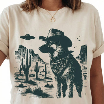 Vintage German Shepherd UFO T-Shirt - Western Cowboy GSD Graphic Tee - Retro Alien Dog Gift