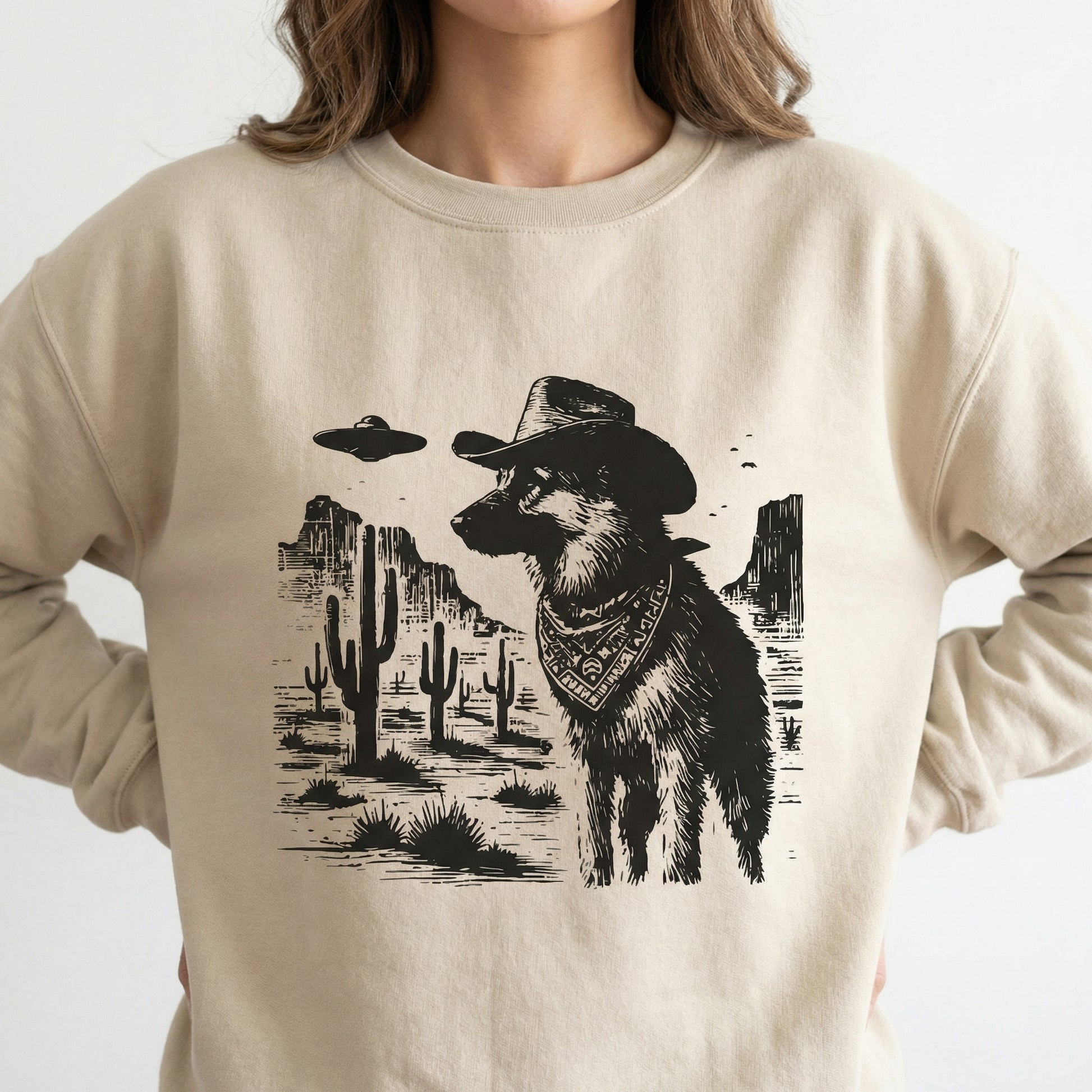 Vintage German Shepherd UFO T-Shirt - Western Cowboy GSD Graphic Tee - Retro Alien Dog Gift