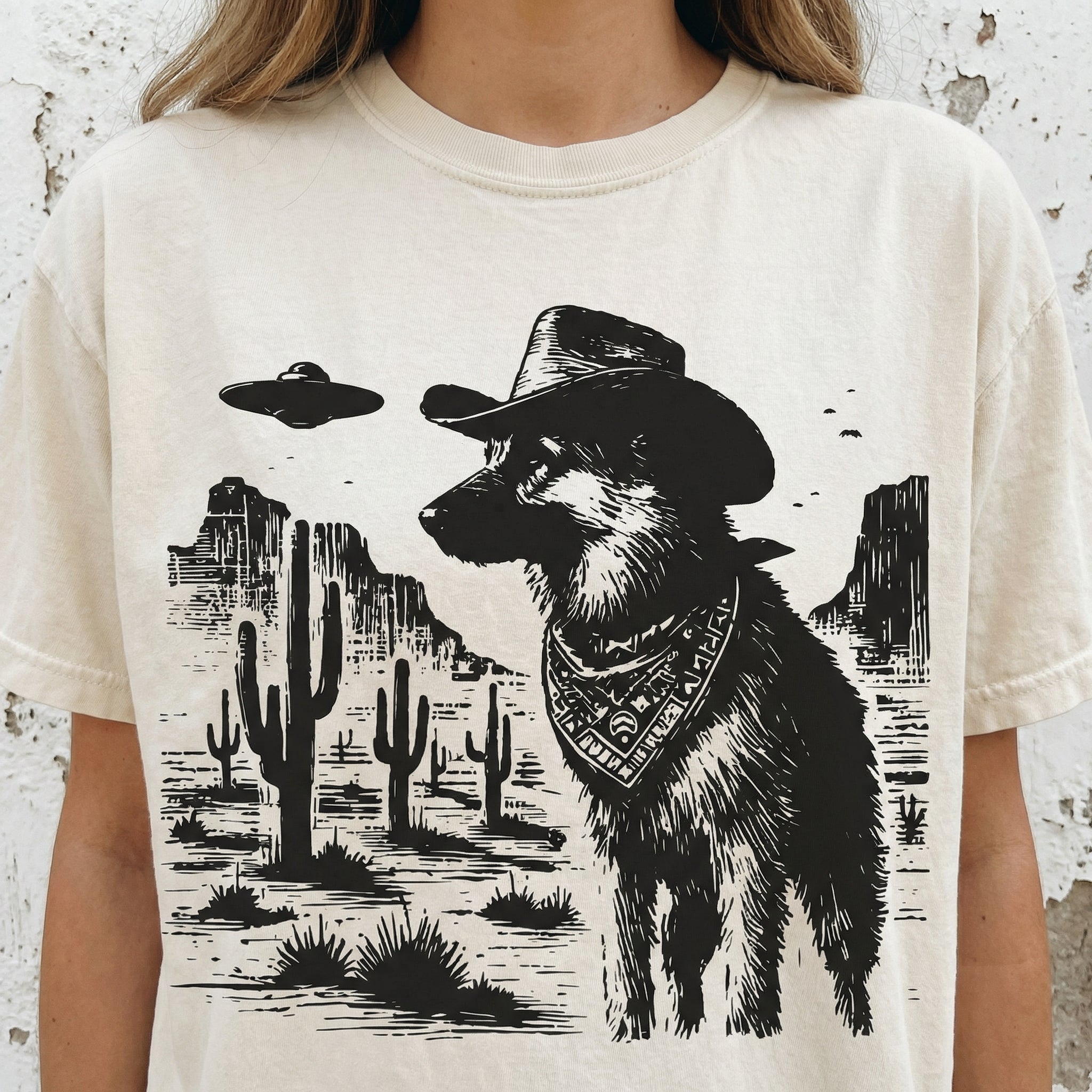 Vintage German Shepherd UFO T-Shirt - Western Cowboy GSD Graphic Tee - Retro Alien Dog Gift
