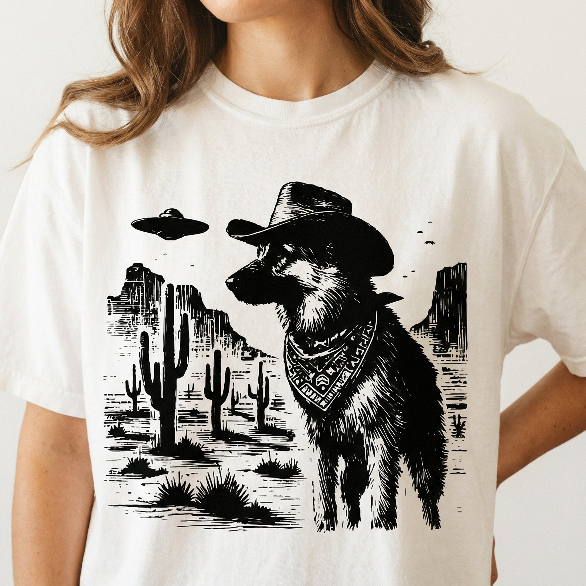 Vintage German Shepherd UFO T-Shirt - Western Cowboy GSD Graphic Tee - Retro Alien Dog Gift