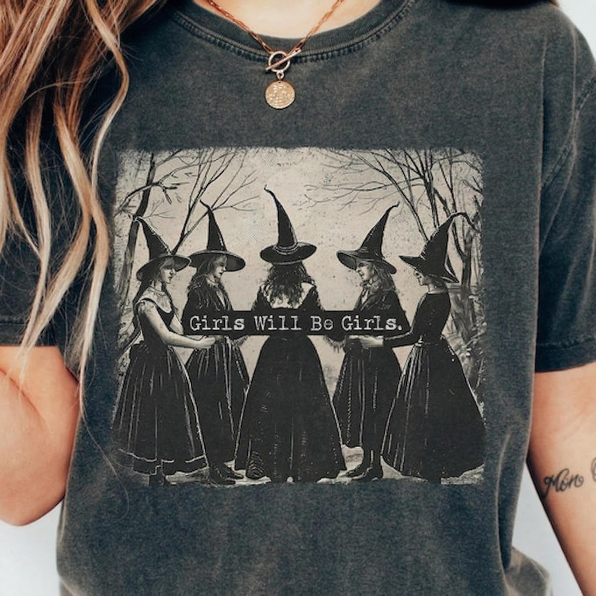 Vintage Girls Will Be Girls Witch Shirt – Funny Witchy Vibes Graphic Tee