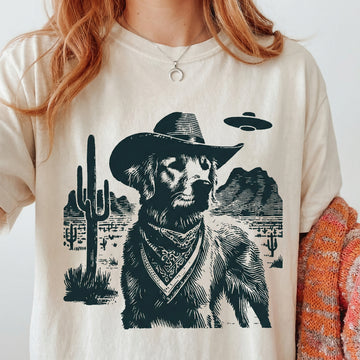 Vintage Golden Retriever UFO T-Shirt - Western Cowboy Goldie Graphic Tee - Retro Alien Dog Gift