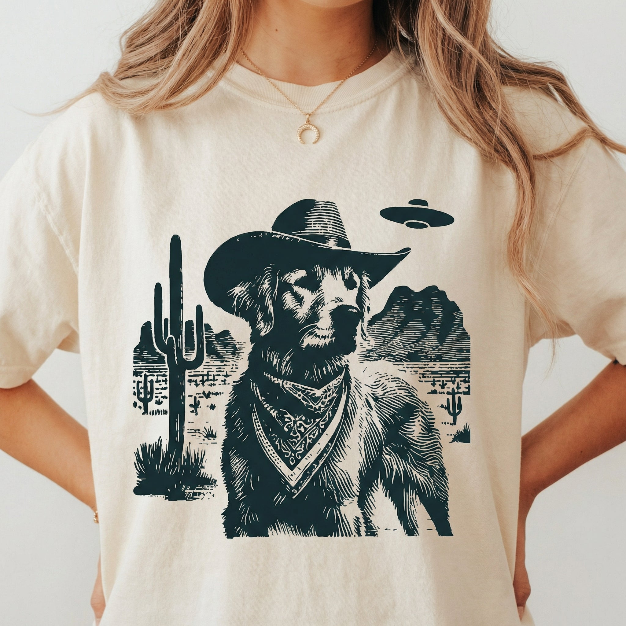 Vintage Golden Retriever UFO T-Shirt - Western Cowboy Goldie Graphic Tee - Retro Alien Dog Gift