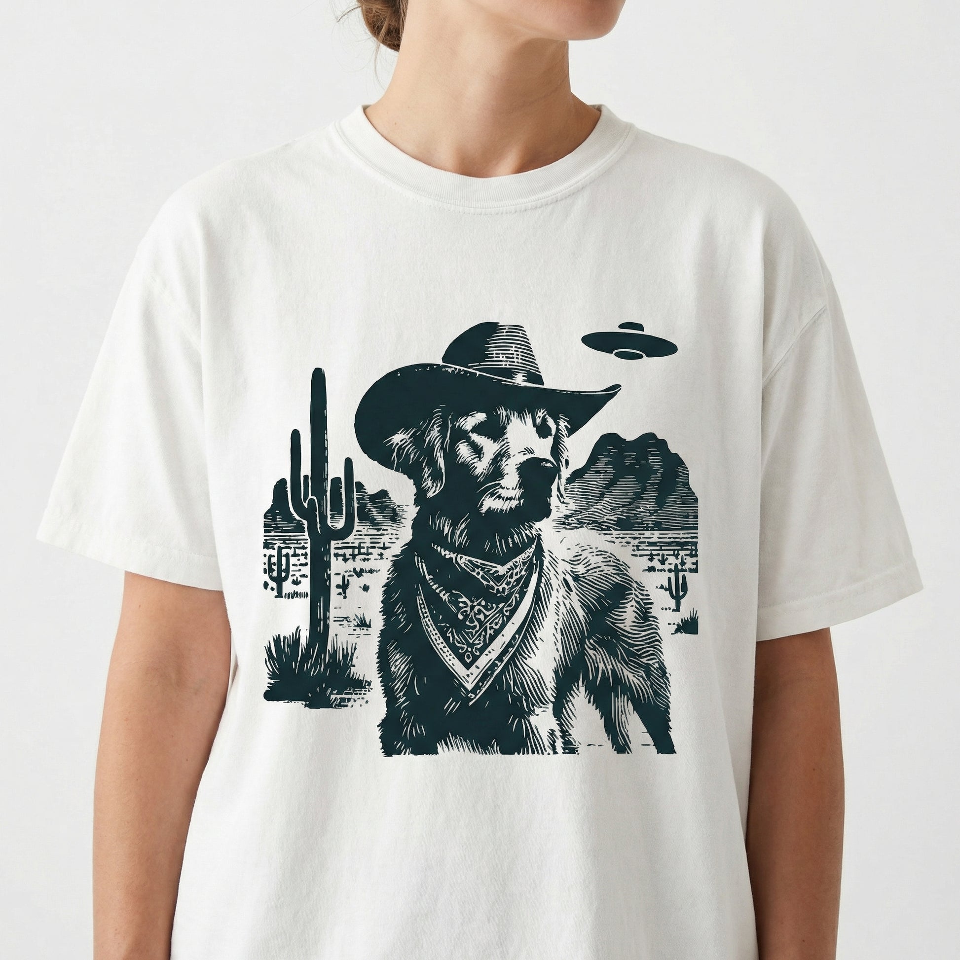 Vintage Golden Retriever UFO T-Shirt - Western Cowboy Goldie Graphic Tee - Retro Alien Dog Gift