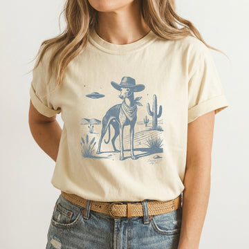 Vintage Greyhound Whippet UFO Western T-Shirt – Retro Cowboy Dog Graphic Tee
