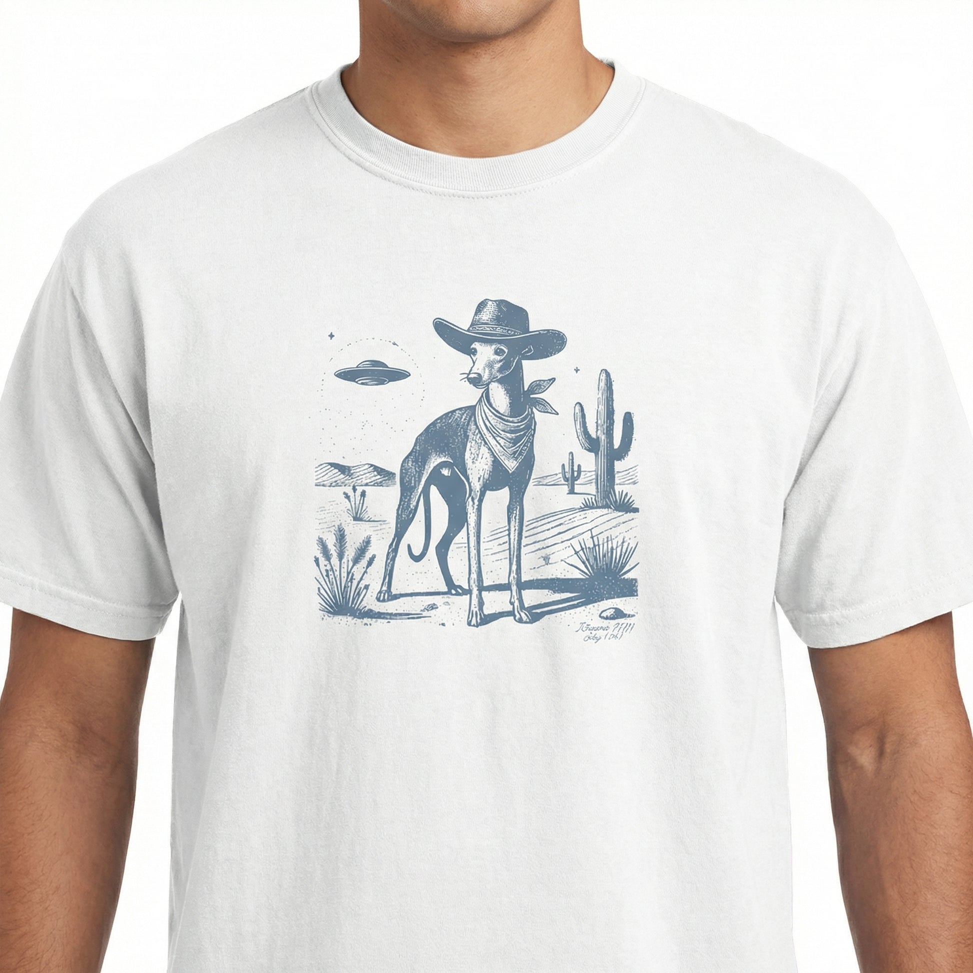 Vintage Greyhound Whippet UFO Western T-Shirt – Retro Cowboy Dog Graphic Tee