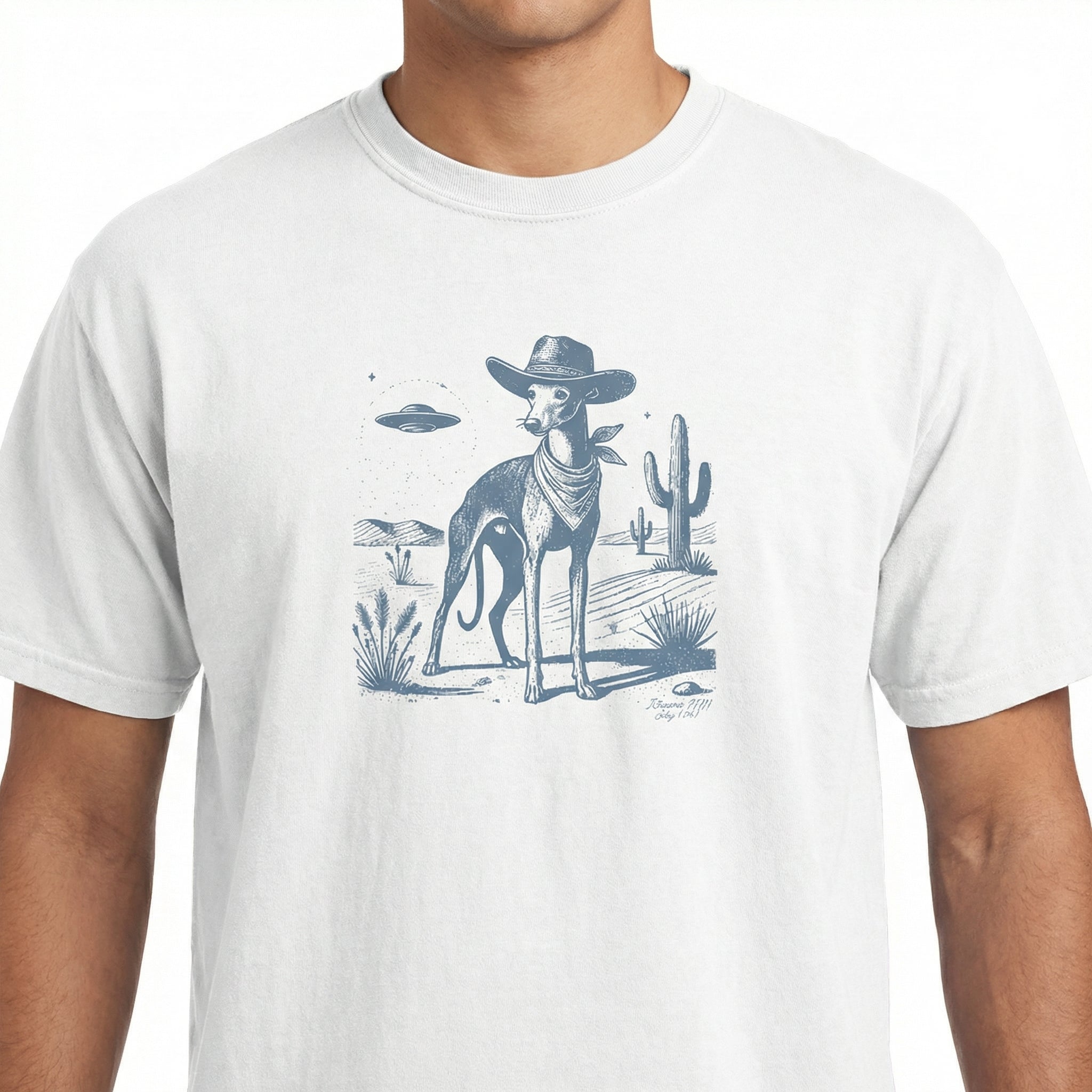Vintage Greyhound Whippet UFO Western T-Shirt – Retro Cowboy Dog Graphic Tee