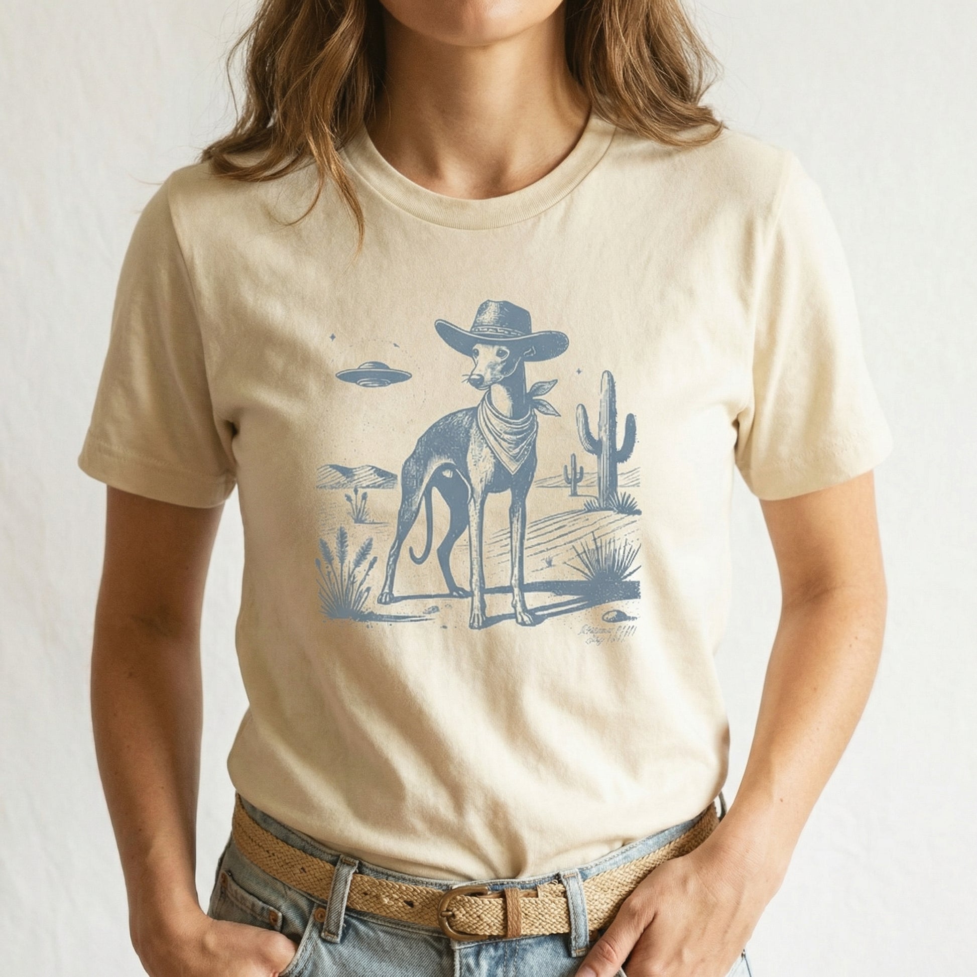 Vintage Greyhound Whippet UFO Western T-Shirt – Retro Cowboy Dog Graphic Tee