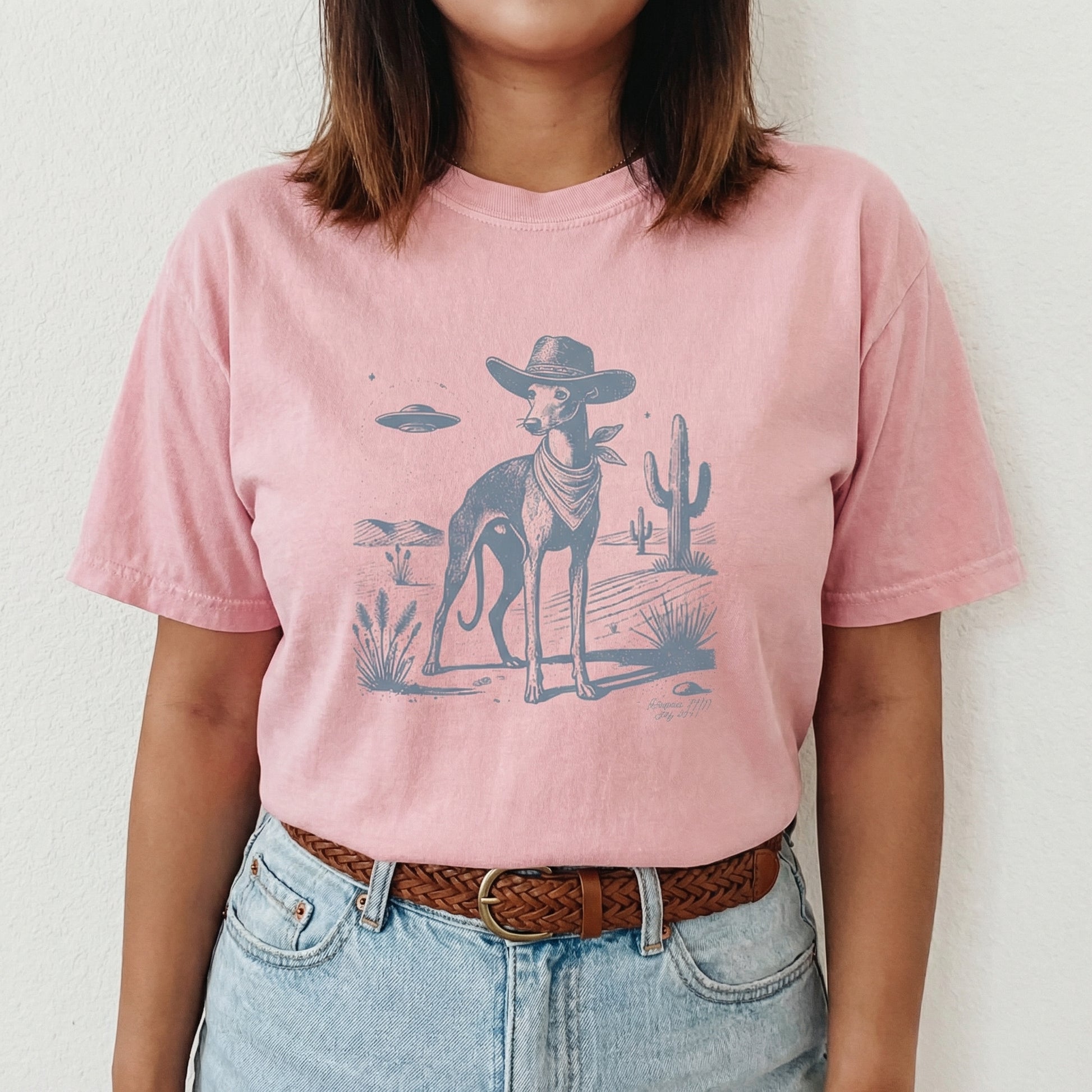 Vintage Greyhound Whippet UFO Western T-Shirt – Retro Cowboy Dog Graphic Tee