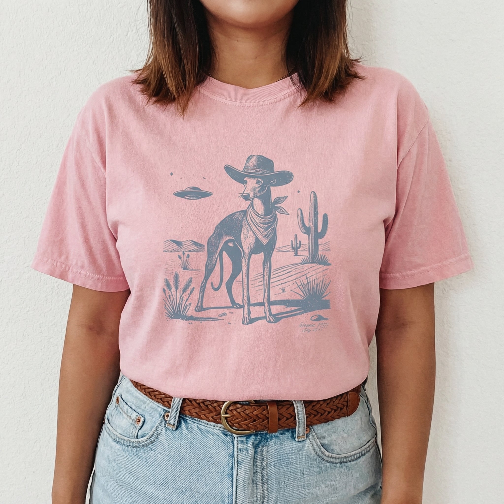 Vintage Greyhound Whippet UFO Western T-Shirt – Retro Cowboy Dog Graphic Tee