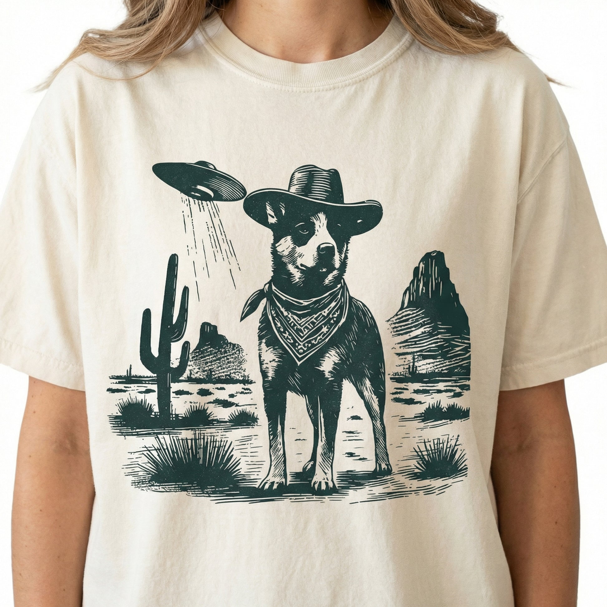 Vintage Heeler UFO T-Shirt - Western Cowboy Australian Cattle Dog Graphic Tee - Retro Alien Dog Gift