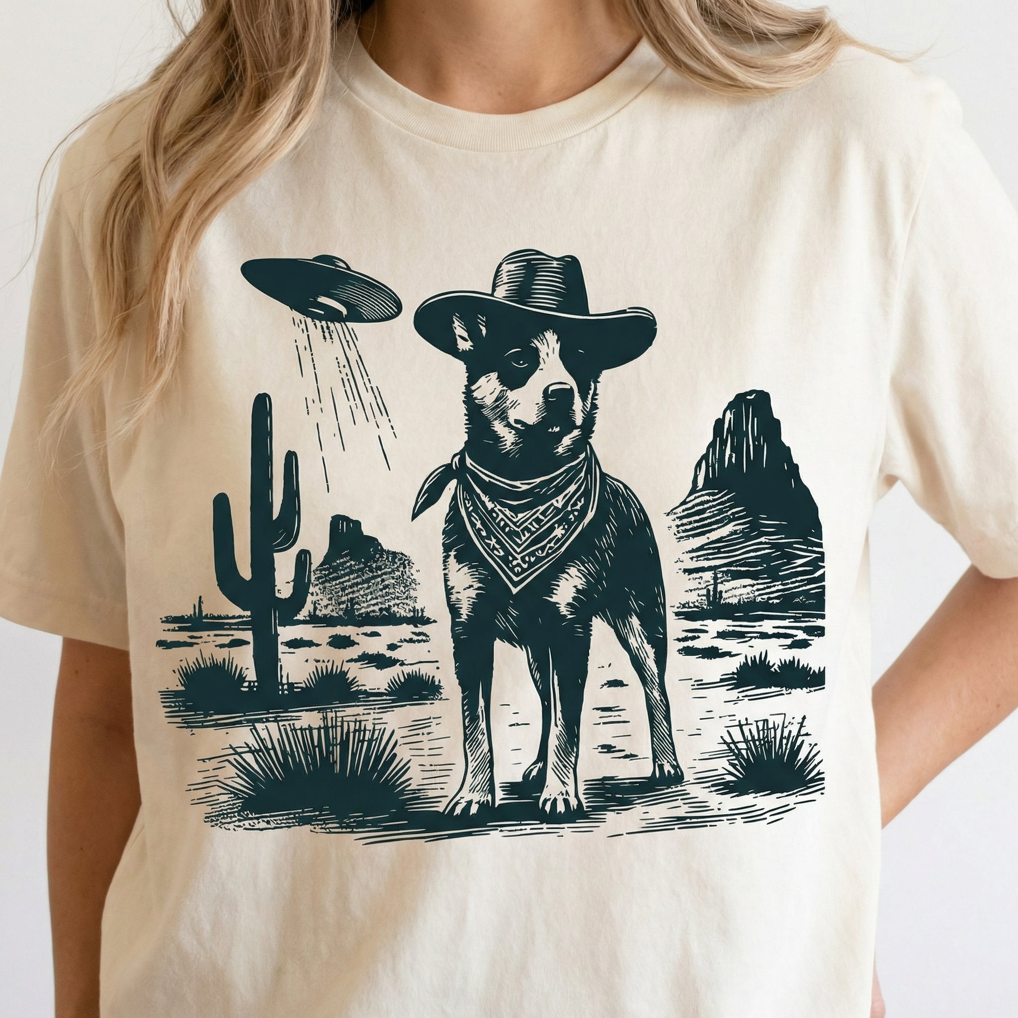 Vintage Heeler UFO T-Shirt - Western Cowboy Australian Cattle Dog Graphic Tee - Retro Alien Dog Gift