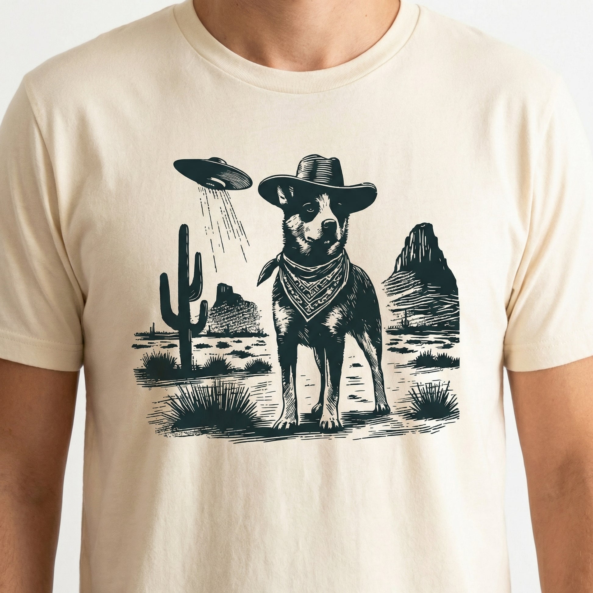 Vintage Heeler UFO T-Shirt - Western Cowboy Australian Cattle Dog Graphic Tee - Retro Alien Dog Gift