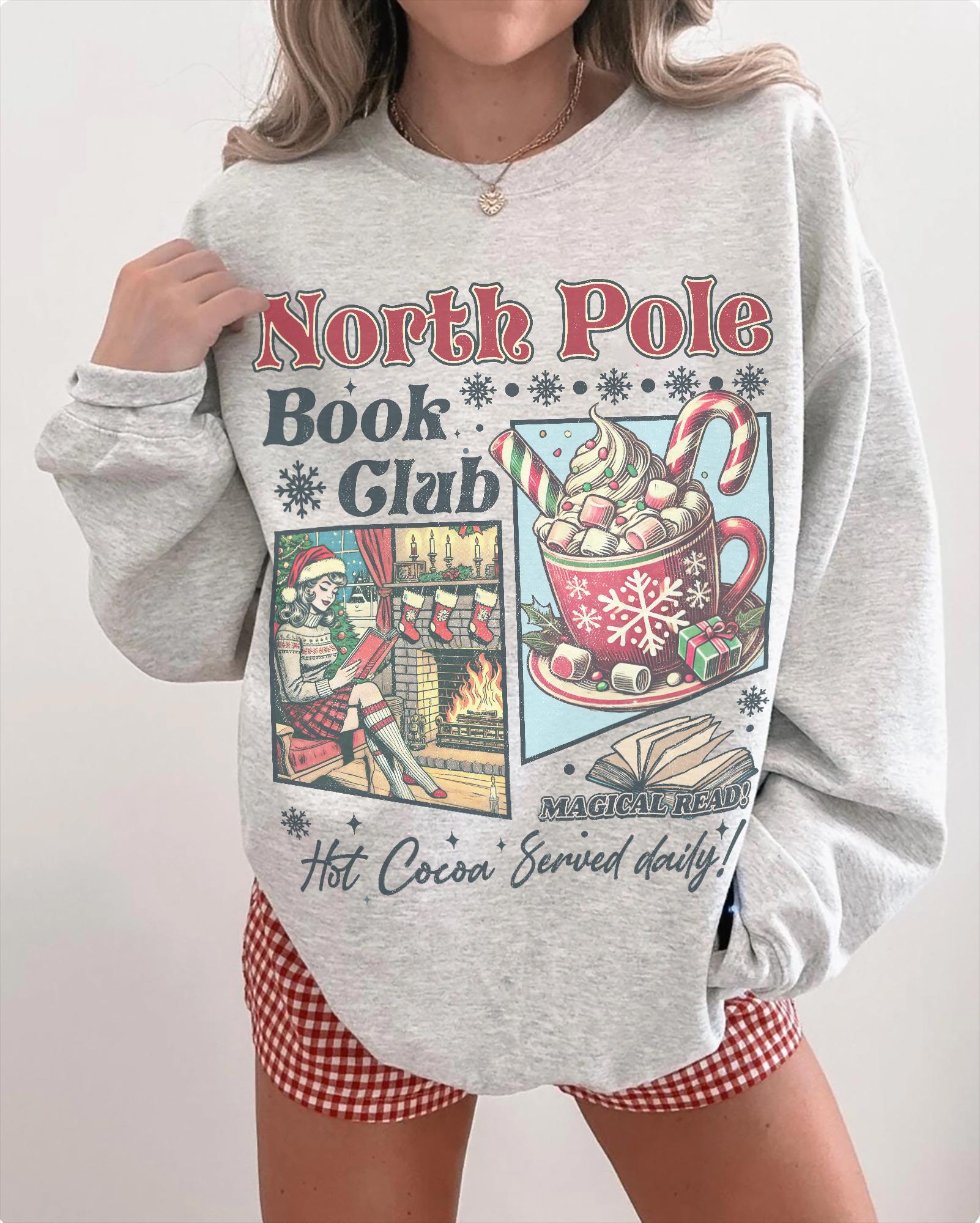 Vintage Look Christmas Sweatshirt 90s North Pole Graphic Shirt Book Lover Crewneck Bookish Xmas Gift for Reader