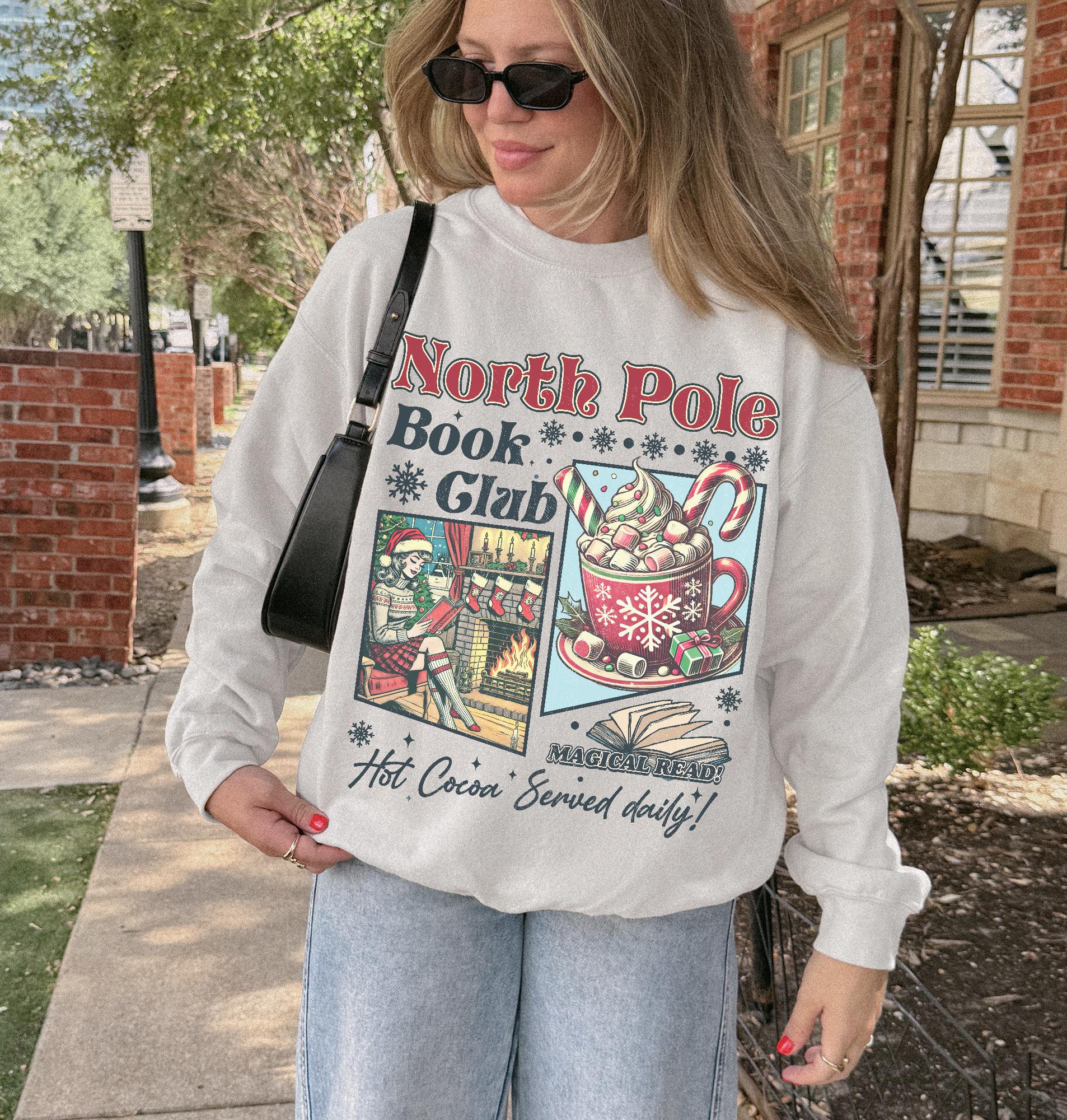 Vintage Look Christmas Sweatshirt 90s North Pole Graphic Shirt Book Lover Crewneck Bookish Xmas Gift for Reader