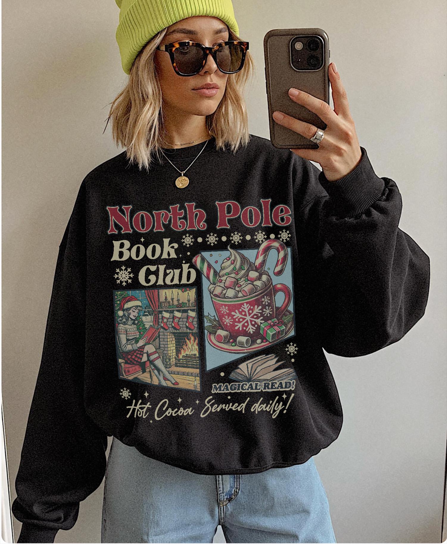 Vintage Look Christmas Sweatshirt 90s North Pole Graphic Shirt Book Lover Crewneck Bookish Xmas Gift for Reader