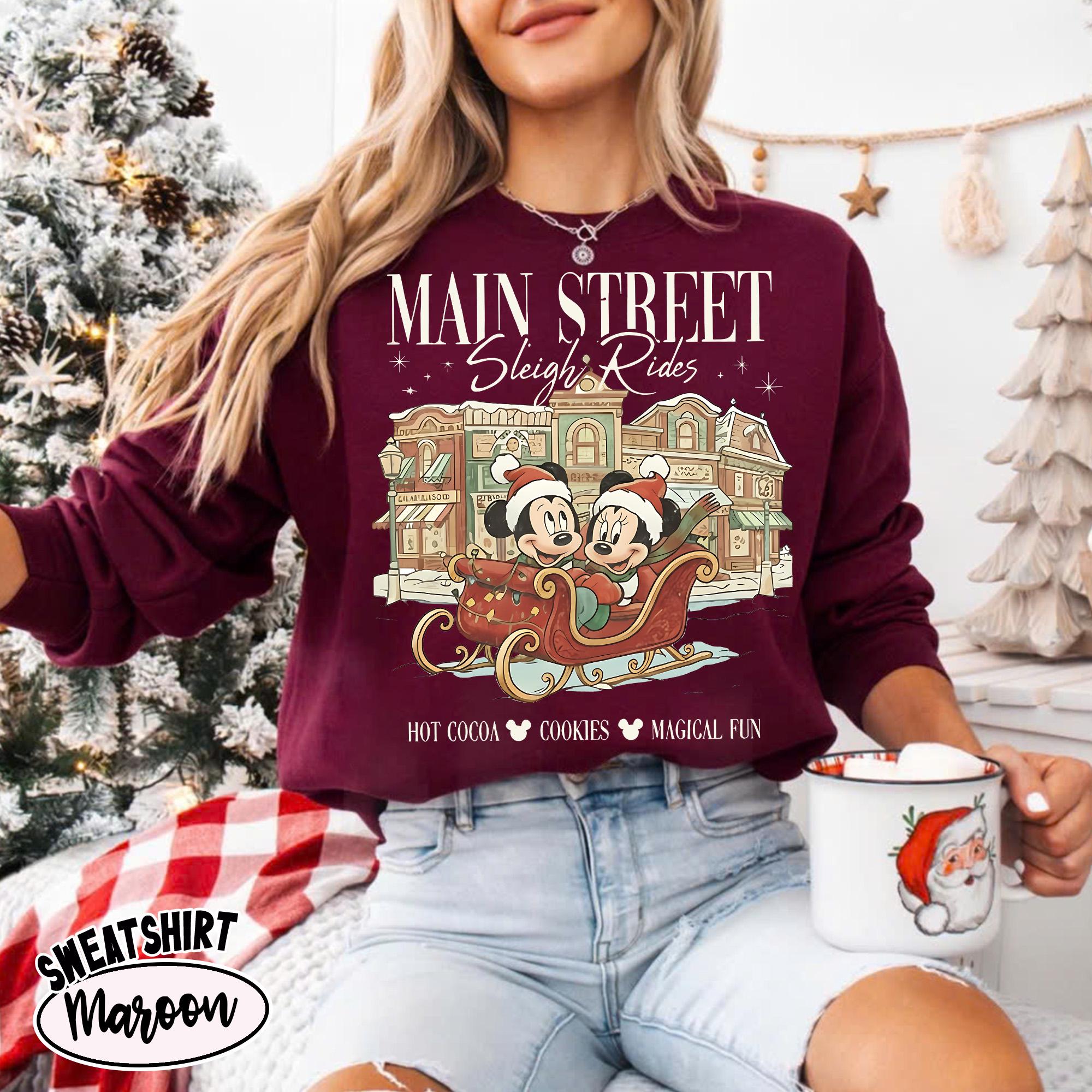 Vintage Main Street Sleigh Rides Christmas T-Shirt – Mickey x Minnie Holiday Shirt