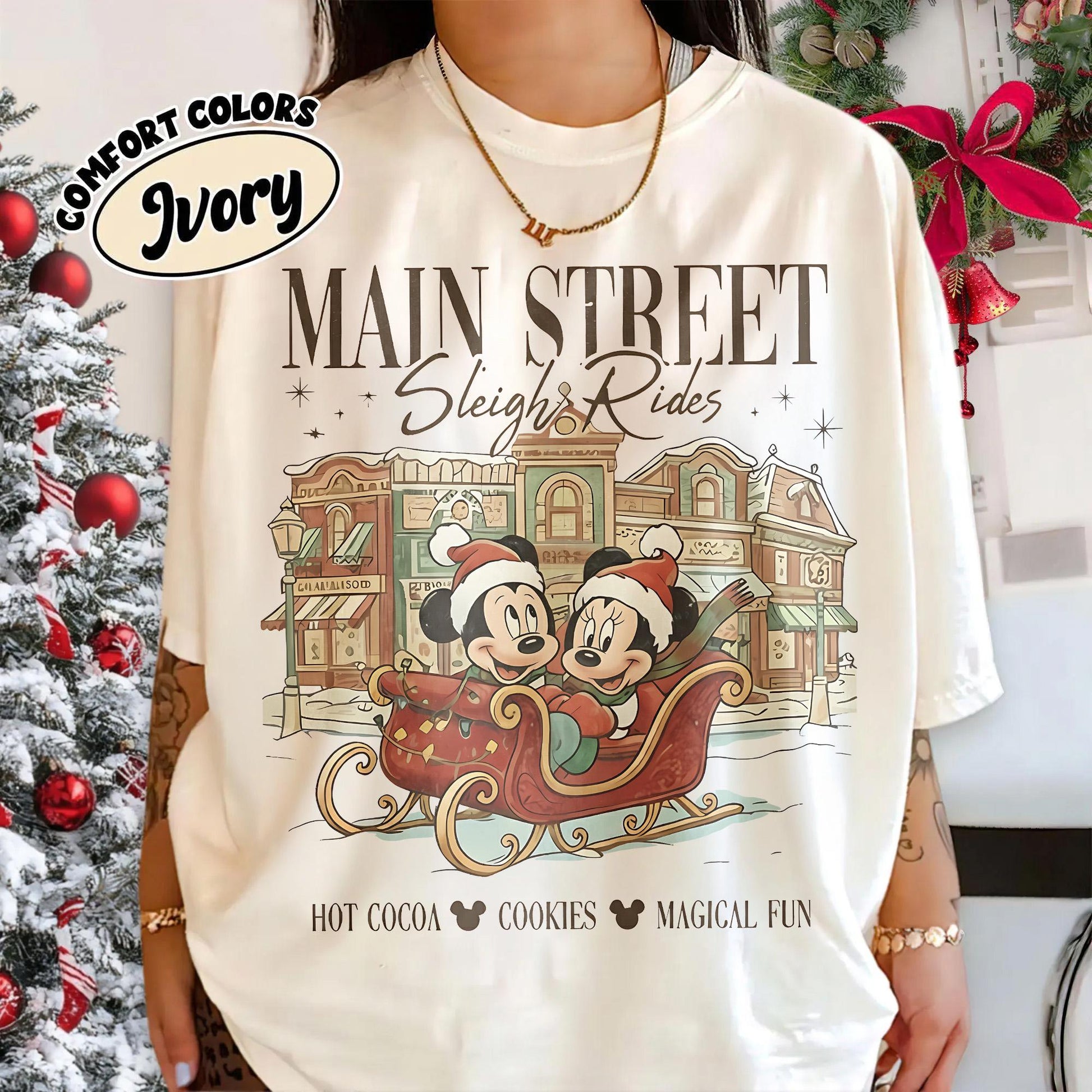 Vintage Main Street Sleigh Rides Christmas T-Shirt – Mickey x Minnie Holiday Shirt