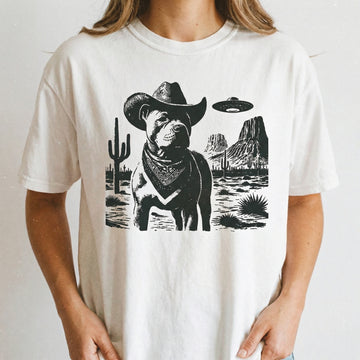Vintage Pitbull UFO T-Shirt - Western Cowboy Pittie Graphic Tee - Retro Alien Dog Gift
