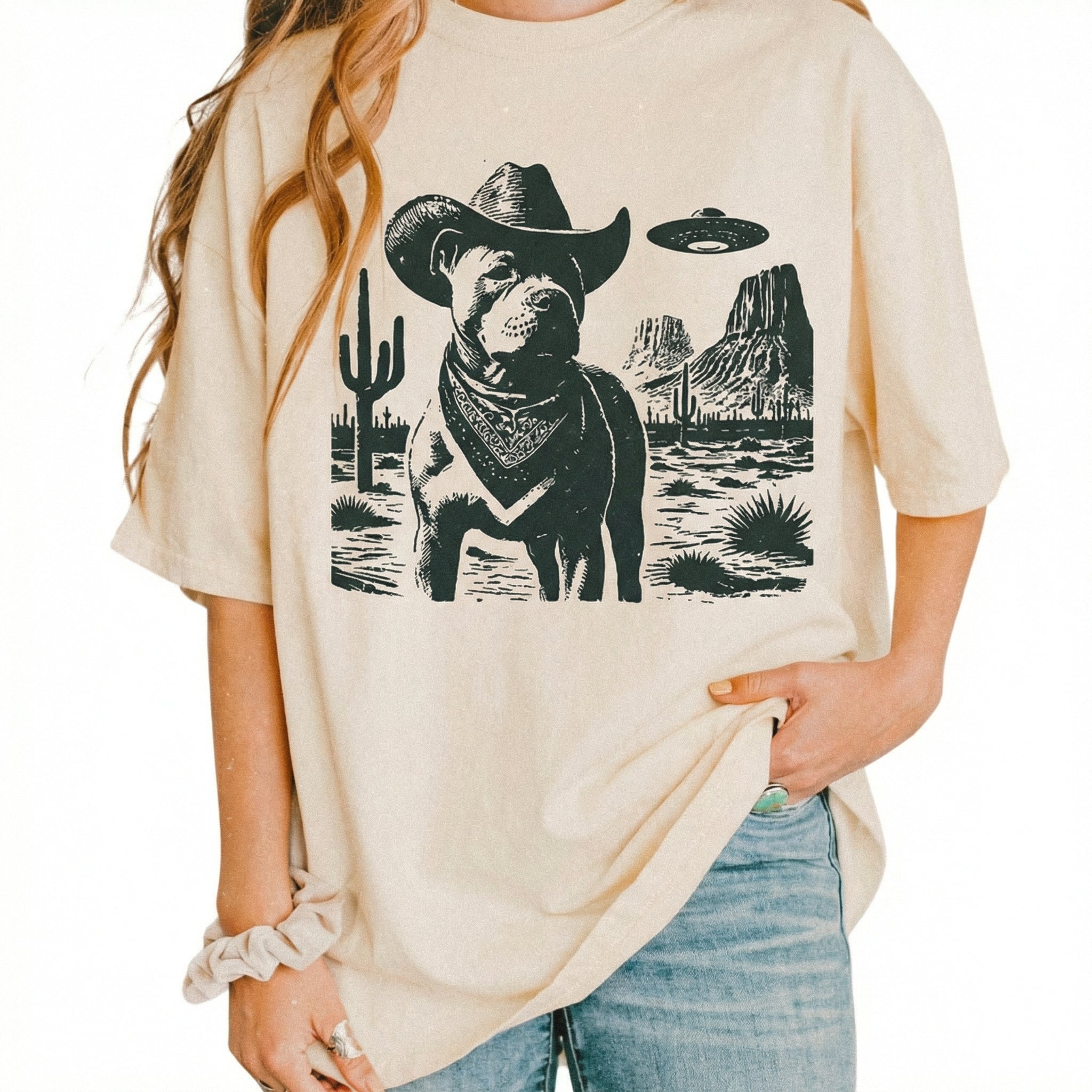 Vintage Pitbull UFO T-Shirt - Western Cowboy Pittie Graphic Tee - Retro Alien Dog Gift