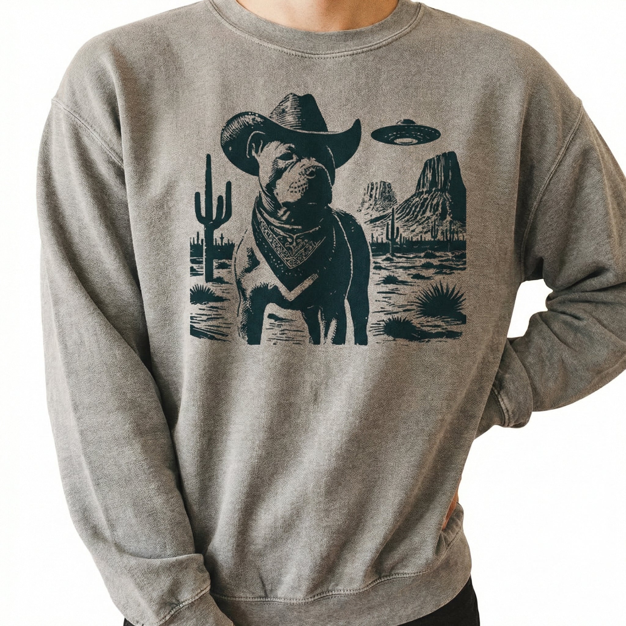Vintage Pitbull UFO T-Shirt - Western Cowboy Pittie Graphic Tee - Retro Alien Dog Gift