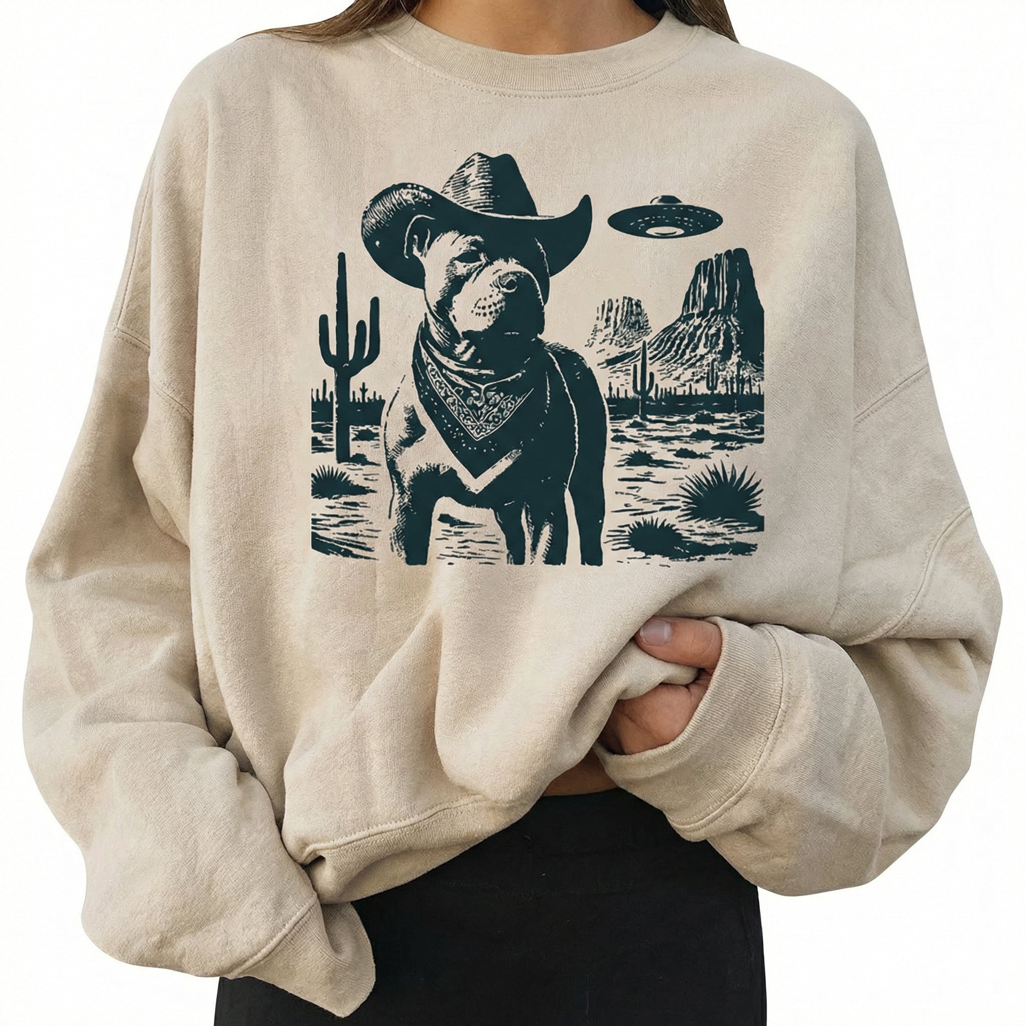 Vintage Pitbull UFO T-Shirt - Western Cowboy Pittie Graphic Tee - Retro Alien Dog Gift