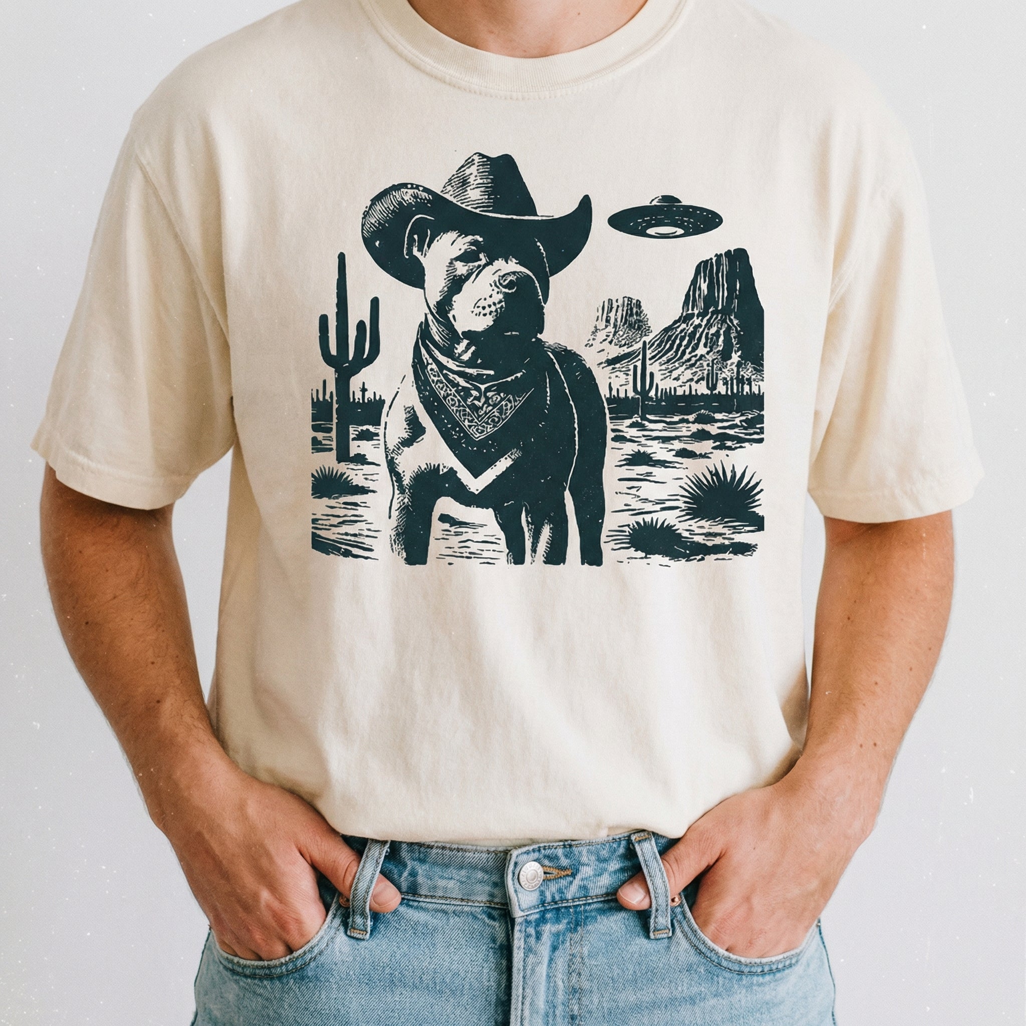 Vintage Pitbull UFO T-Shirt - Western Cowboy Pittie Graphic Tee - Retro Alien Dog Gift