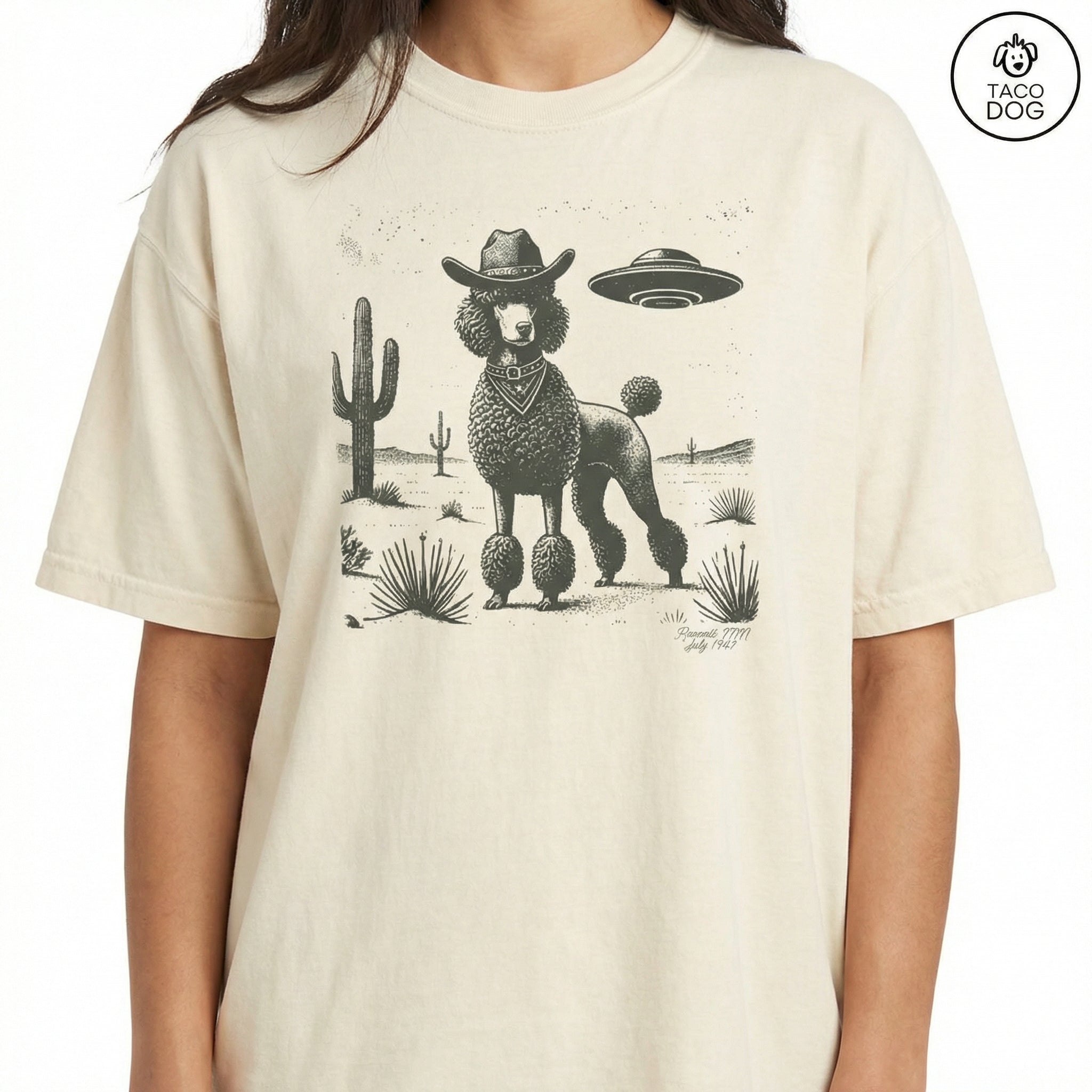 Vintage Poodle UFO Western T-Shirt – Retro Cowboy Dog Graphic Tee