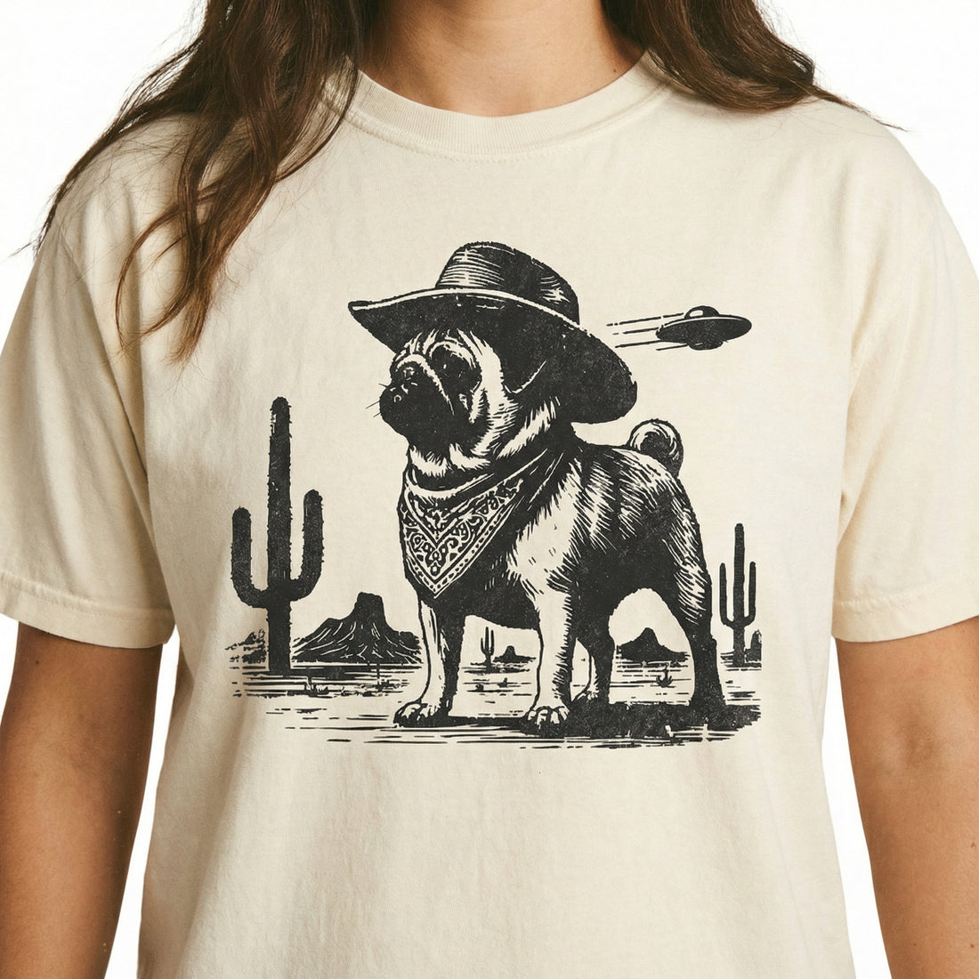Vintage Pug UFO Shirt – Western Cowboy Pug Funny Retro Dog T-Shirt