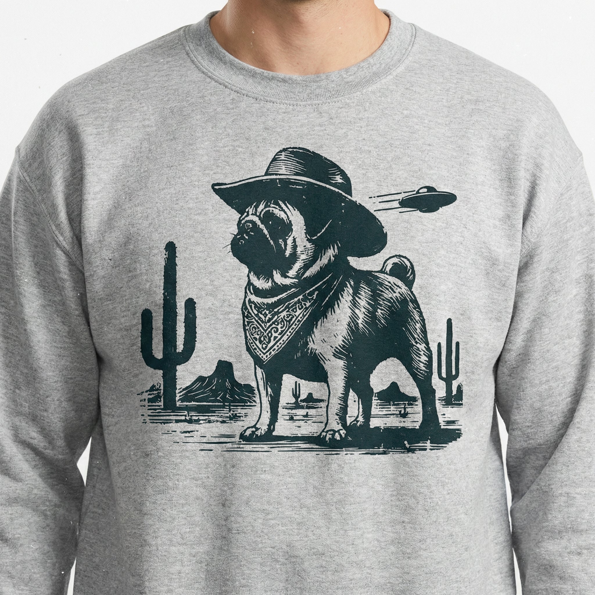 Vintage Pug UFO Shirt – Western Cowboy Pug Funny Retro Dog T-Shirt