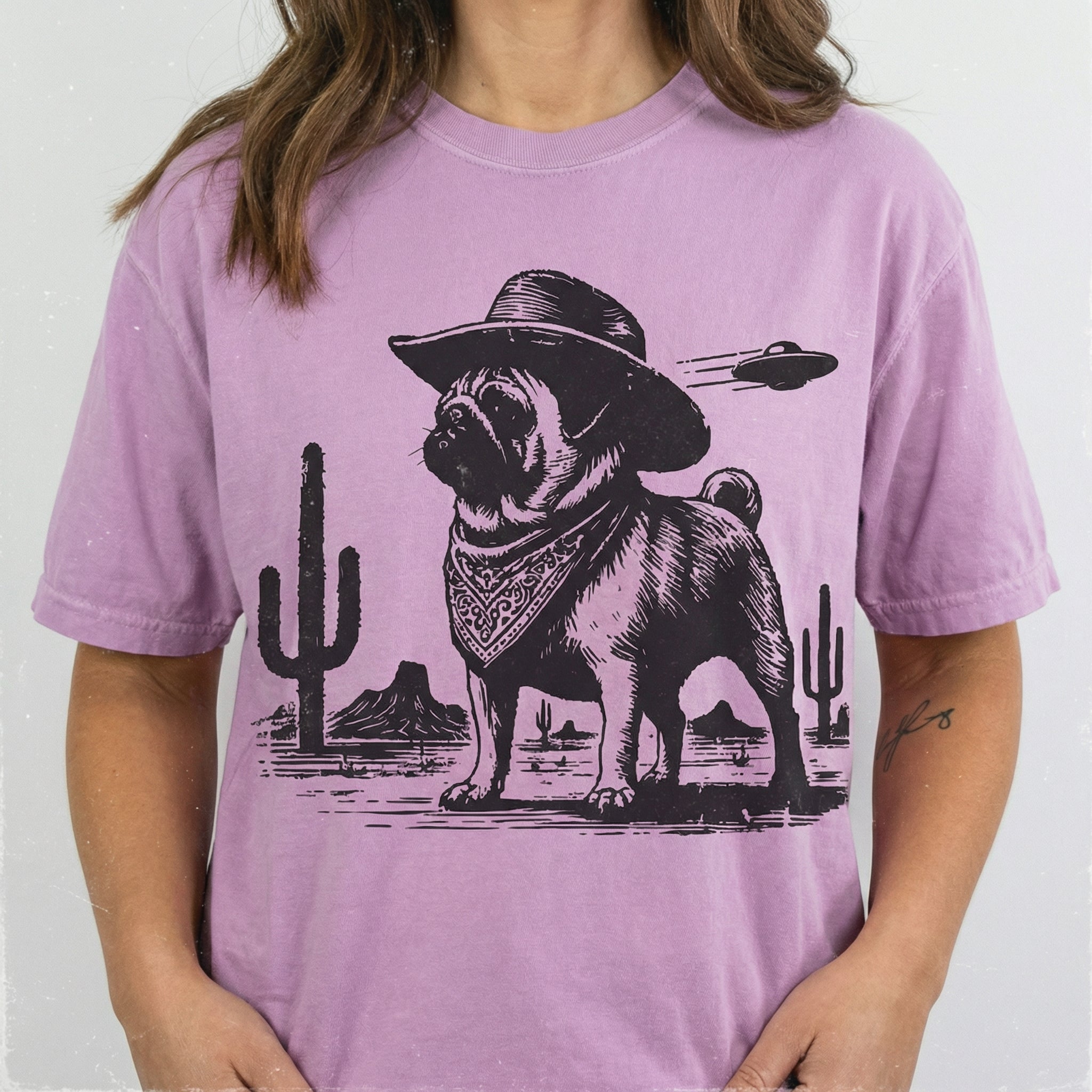 Vintage Pug UFO Shirt – Western Cowboy Pug Funny Retro Dog T-Shirt
