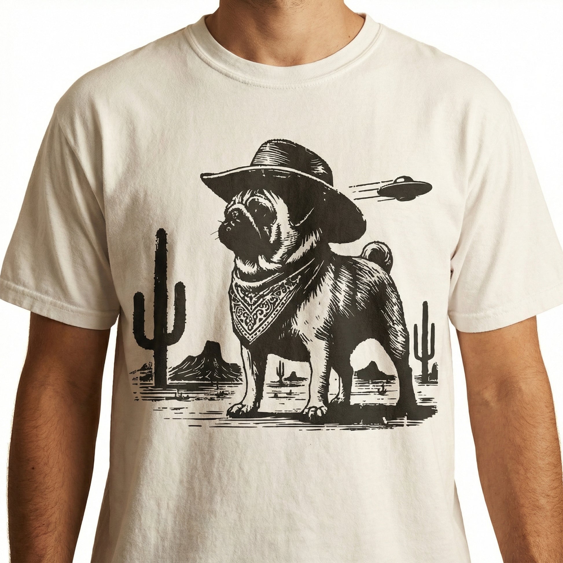 Vintage Pug UFO Shirt – Western Cowboy Pug Funny Retro Dog T-Shirt