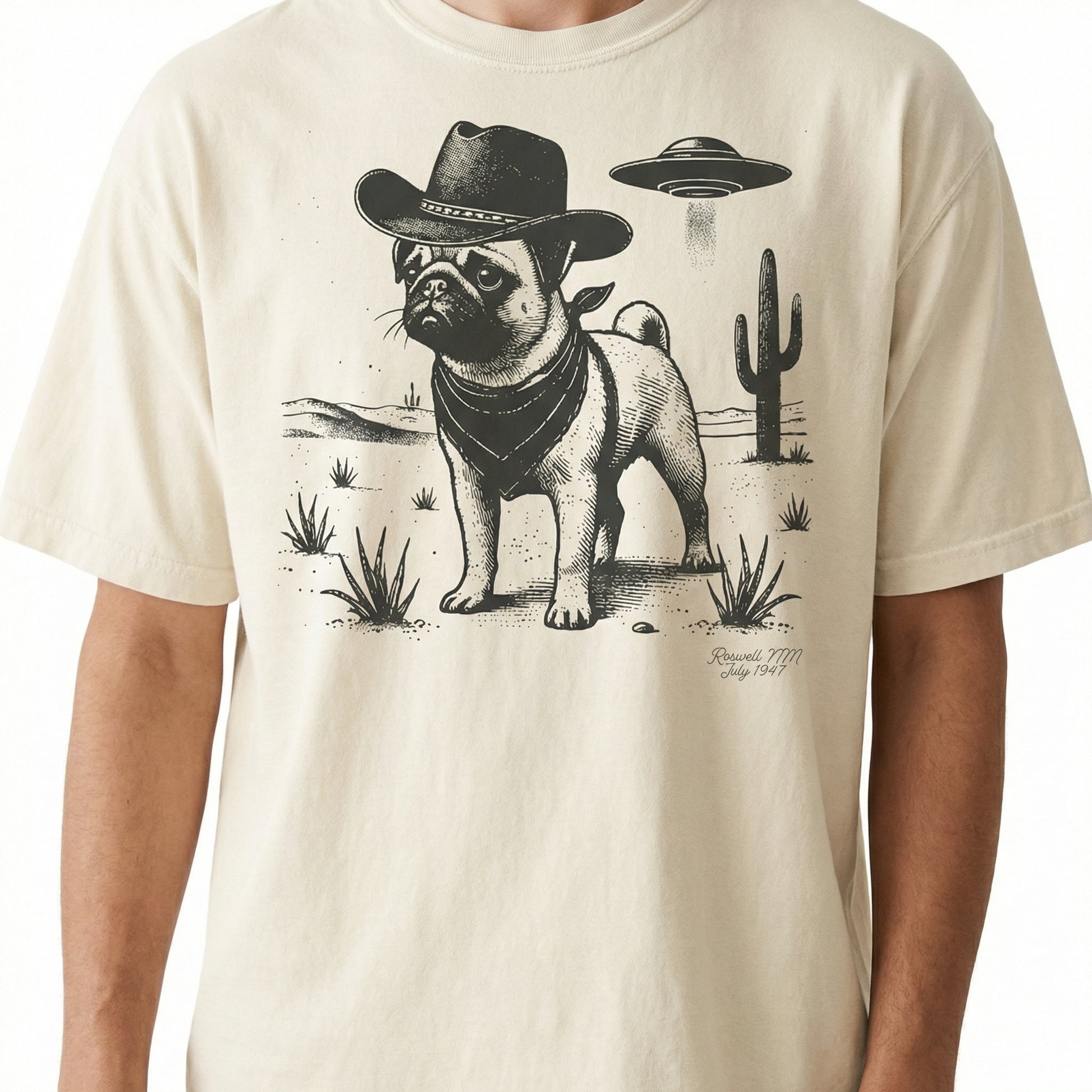 Vintage Pug UFO Western T-Shirt – Retro Cowboy Dog Graphic Tee