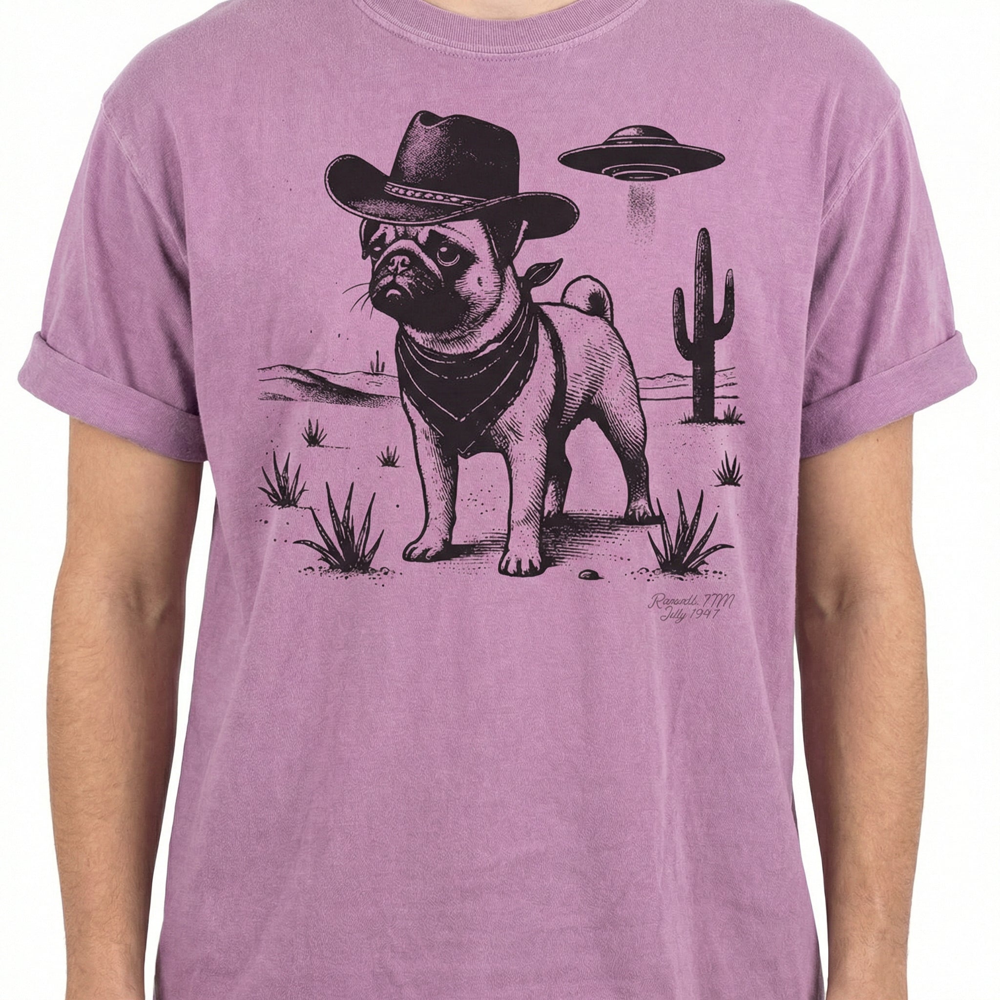 Vintage Pug UFO Western T-Shirt – Retro Cowboy Dog Graphic Tee
