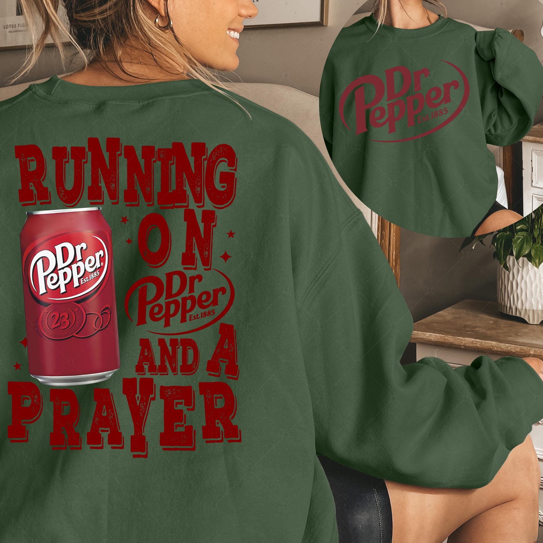 Vintage Running on Prayer & Dr Pepper Double-Sided Retro Graphic Sweatshirt