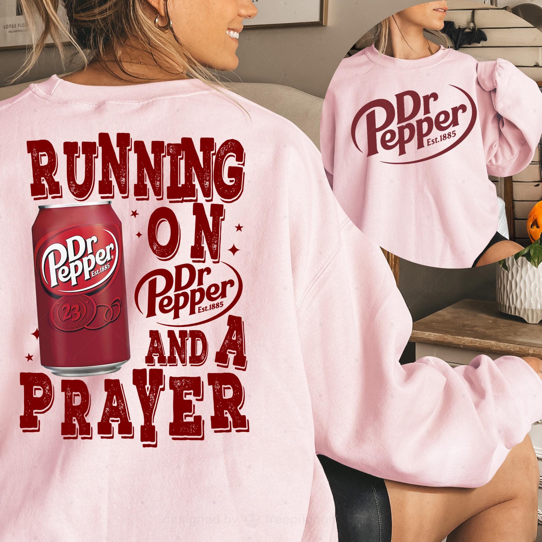 Vintage Running on Prayer & Dr Pepper Double-Sided Retro Graphic Sweatshirt