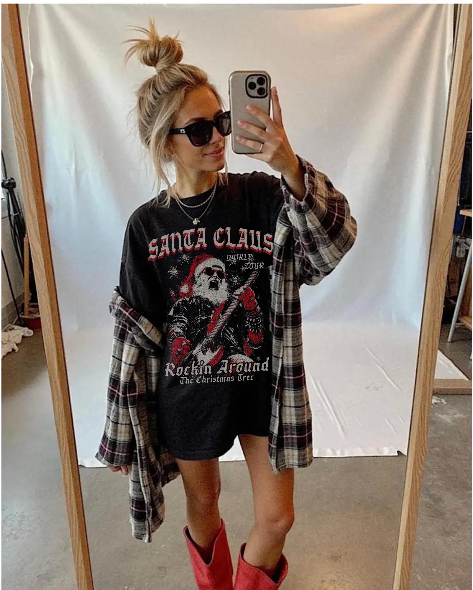 Vintage Santa Claus World Tour T-Shirt Grunge Christmas Graphic Tee Retro 90s Alternative Rock Holiday Shirt