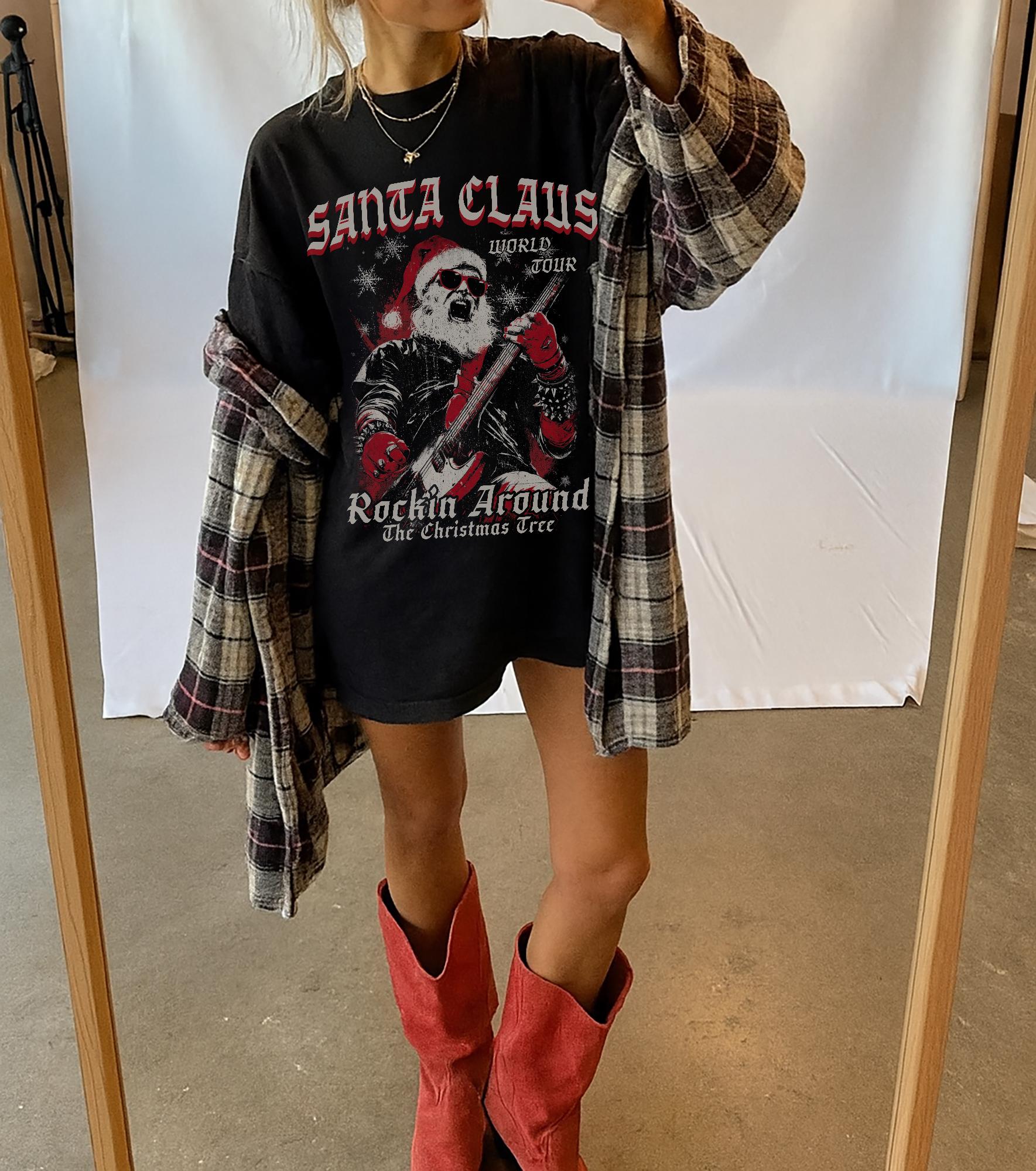 Vintage Santa Claus World Tour T-Shirt Grunge Christmas Graphic Tee Retro 90s Alternative Rock Holiday Shirt