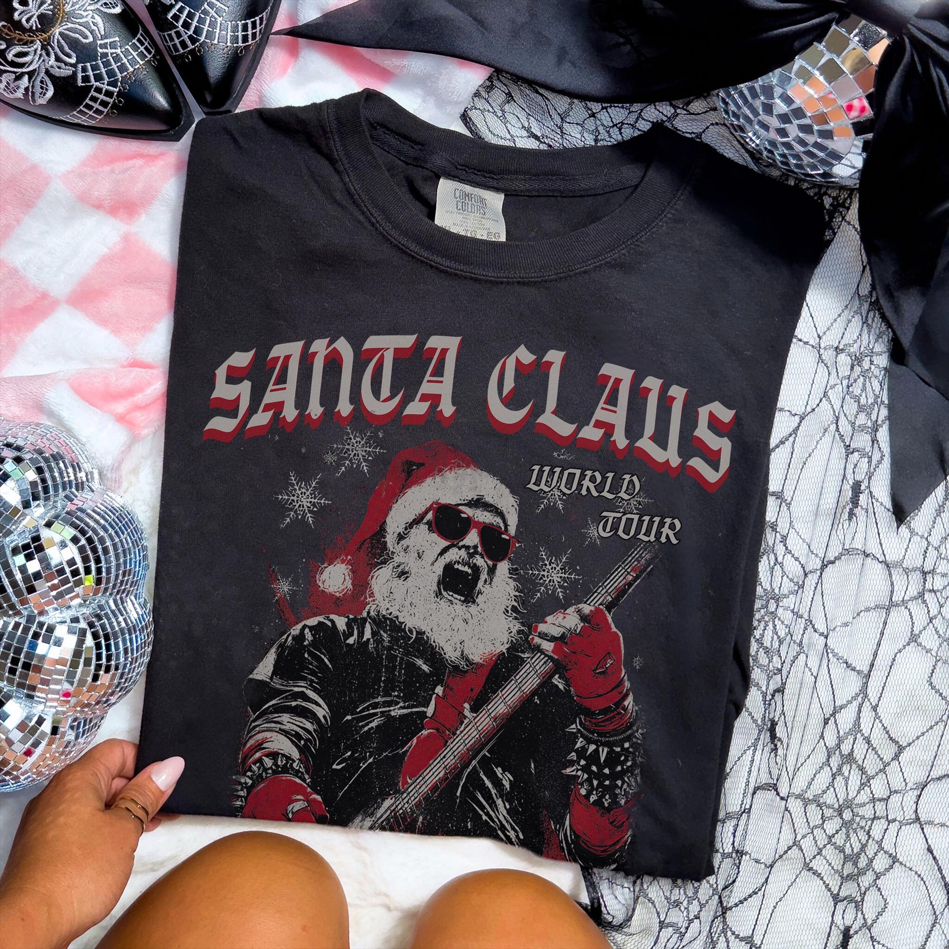 Vintage Santa Claus World Tour T-Shirt Grunge Christmas Graphic Tee Retro 90s Alternative Rock Holiday Shirt