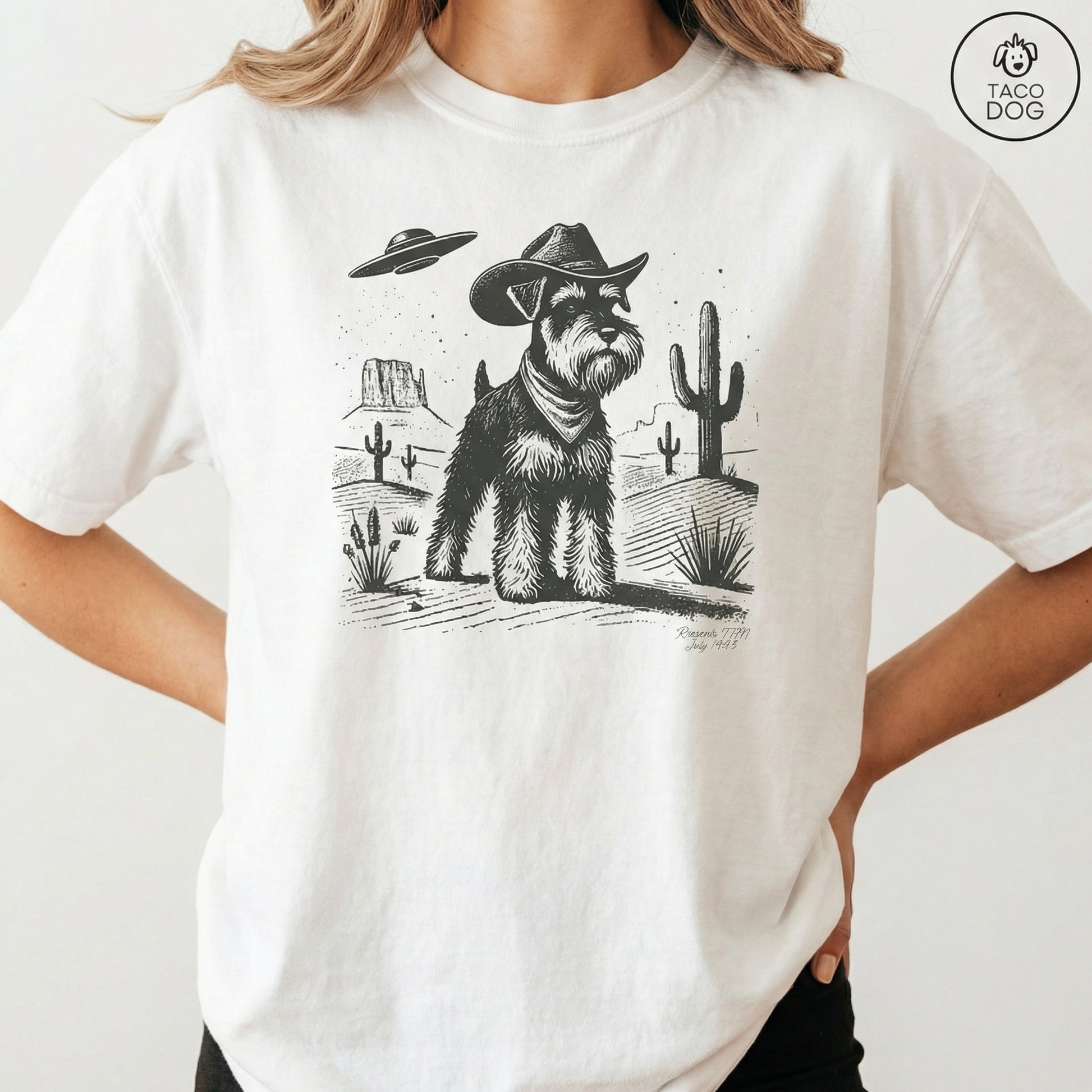 Vintage Schnauzer UFO Shirt – Retro Western Cowboy Dog Graphic T-Shirt