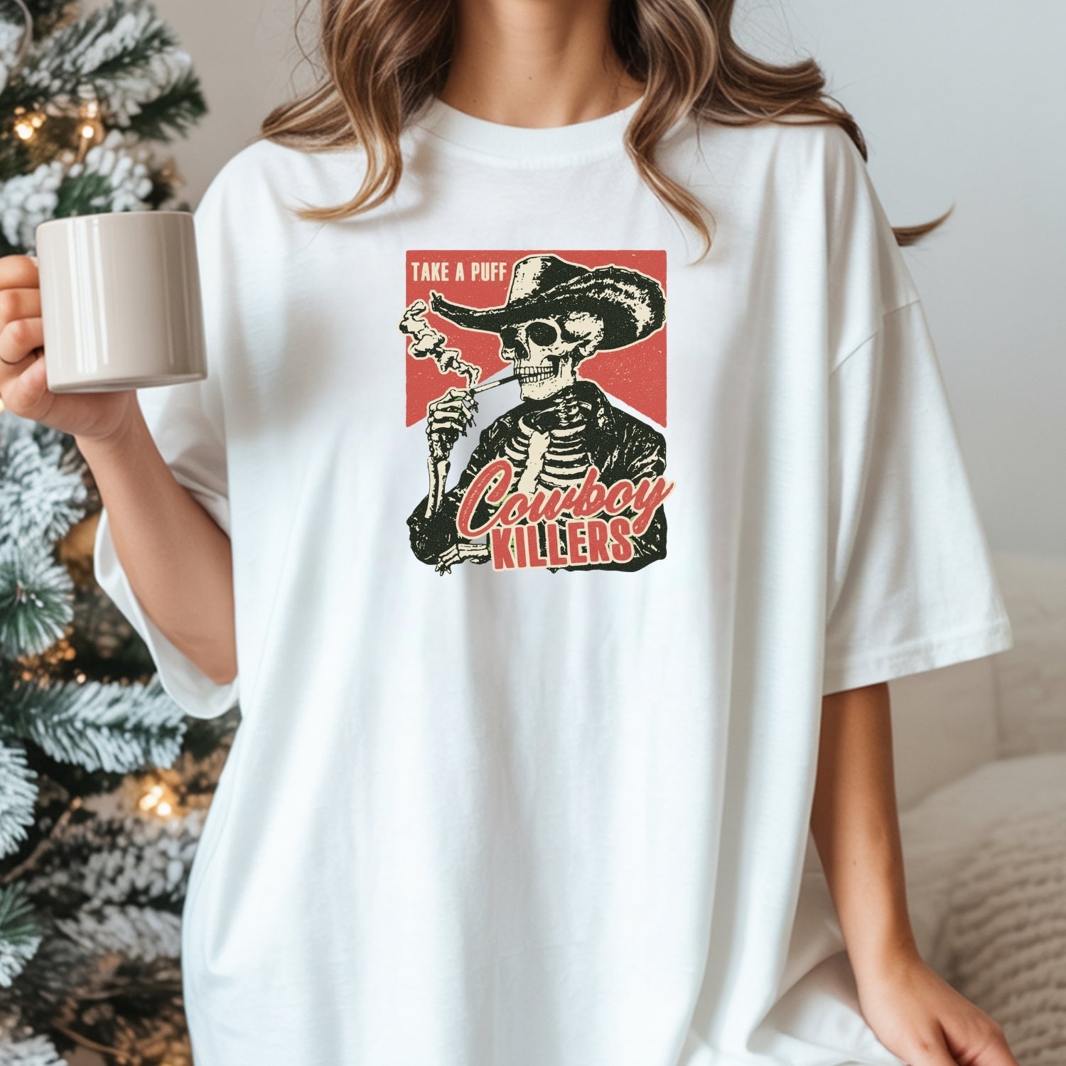 Vintage Skeleton Take A Puff Cowboy T-Shirt - Western Skull Graphic Tee