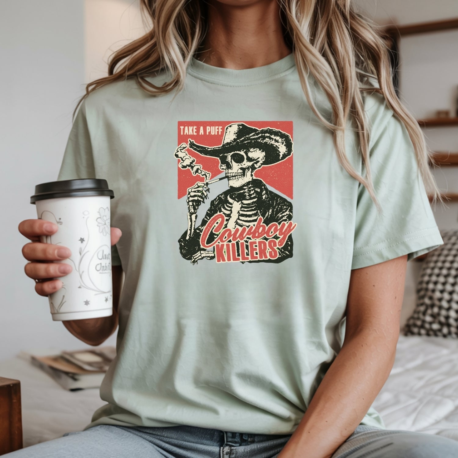 Vintage Skeleton Take A Puff Cowboy T-Shirt - Western Skull Graphic Tee