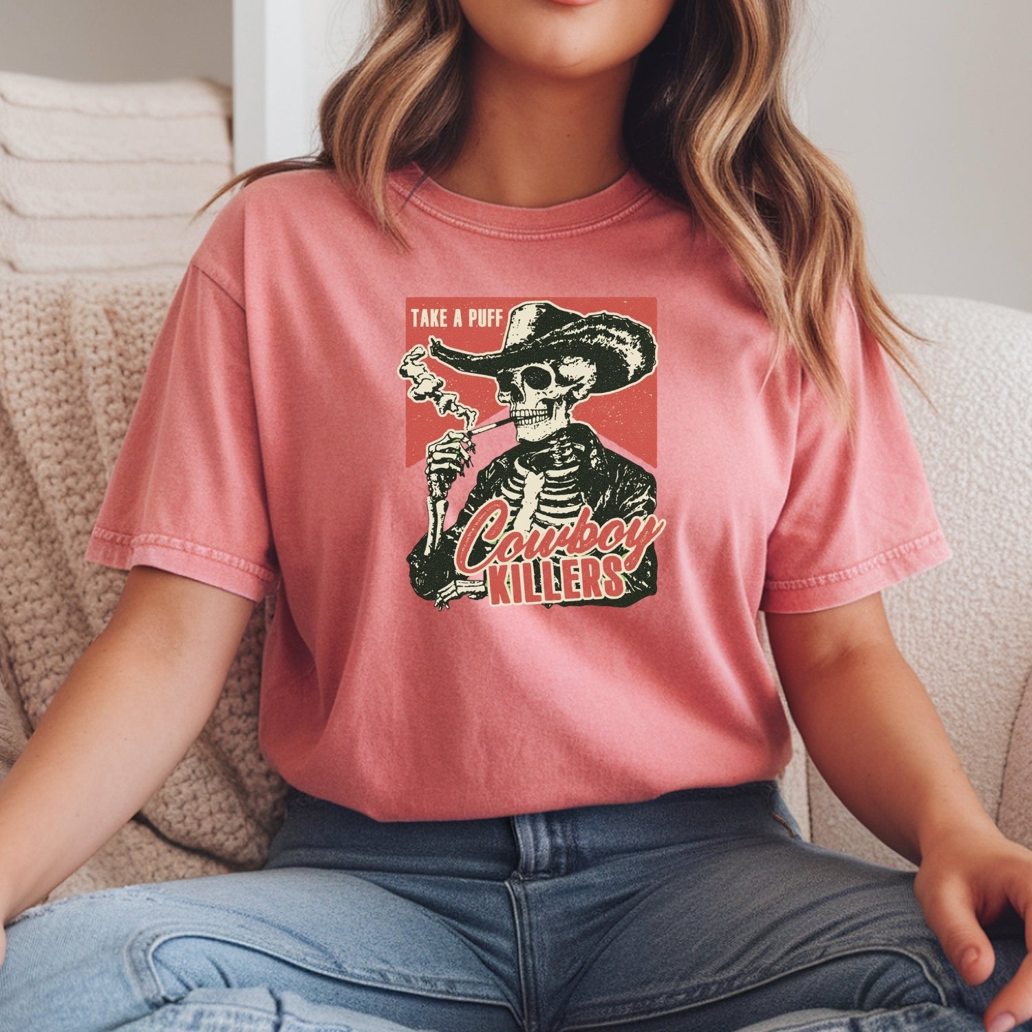 Vintage Skeleton Take A Puff Cowboy T-Shirt - Western Skull Graphic Tee
