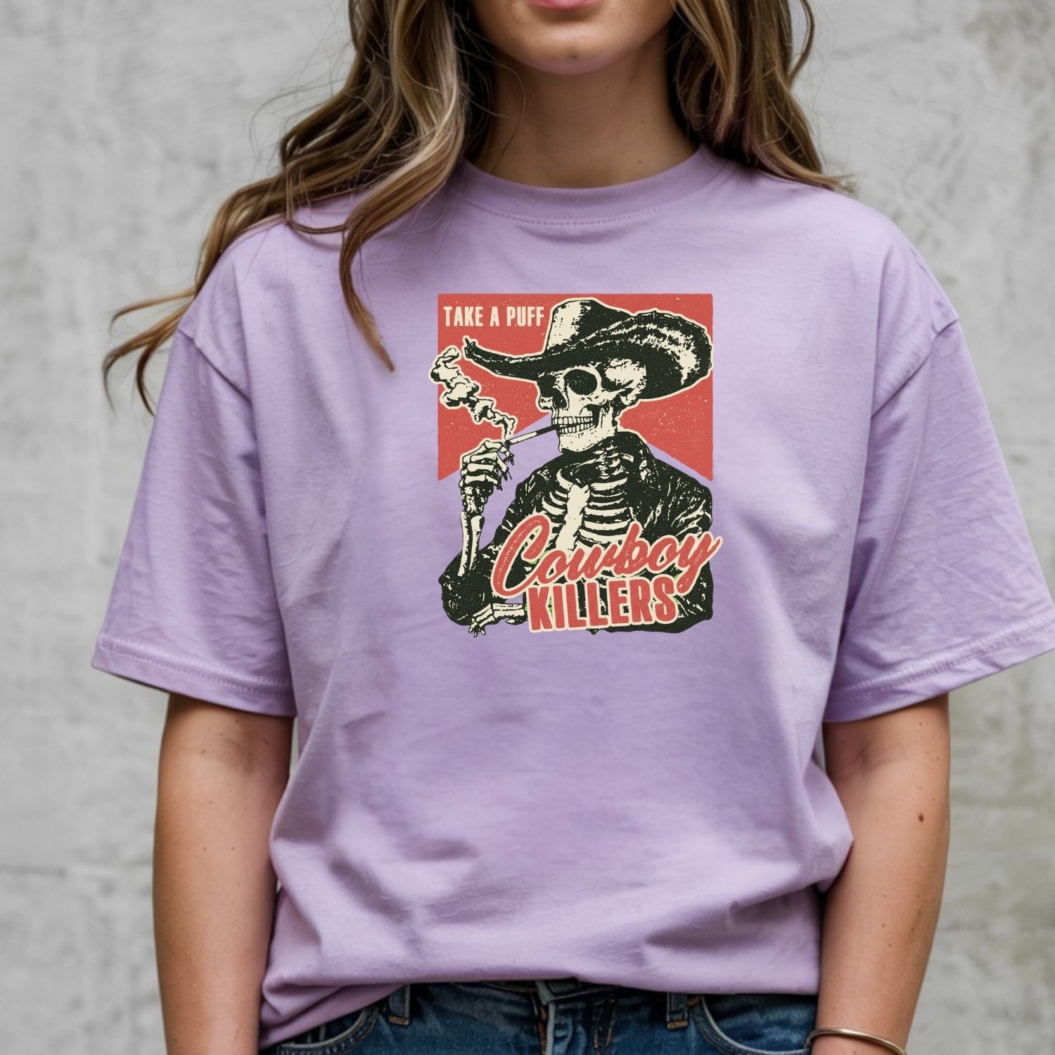 Vintage Skeleton Take A Puff Cowboy T-Shirt - Western Skull Graphic Tee
